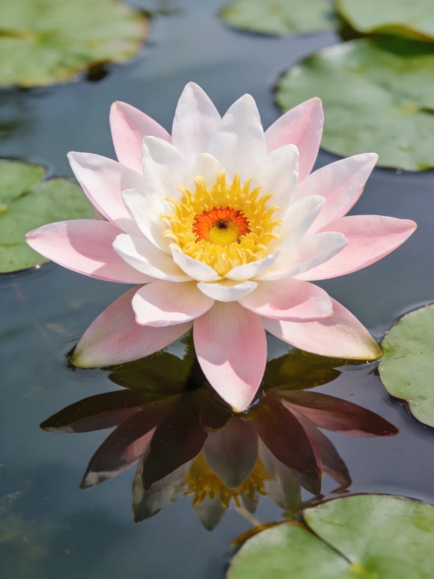 Pink and White Water Lily Among Green Lily Pads