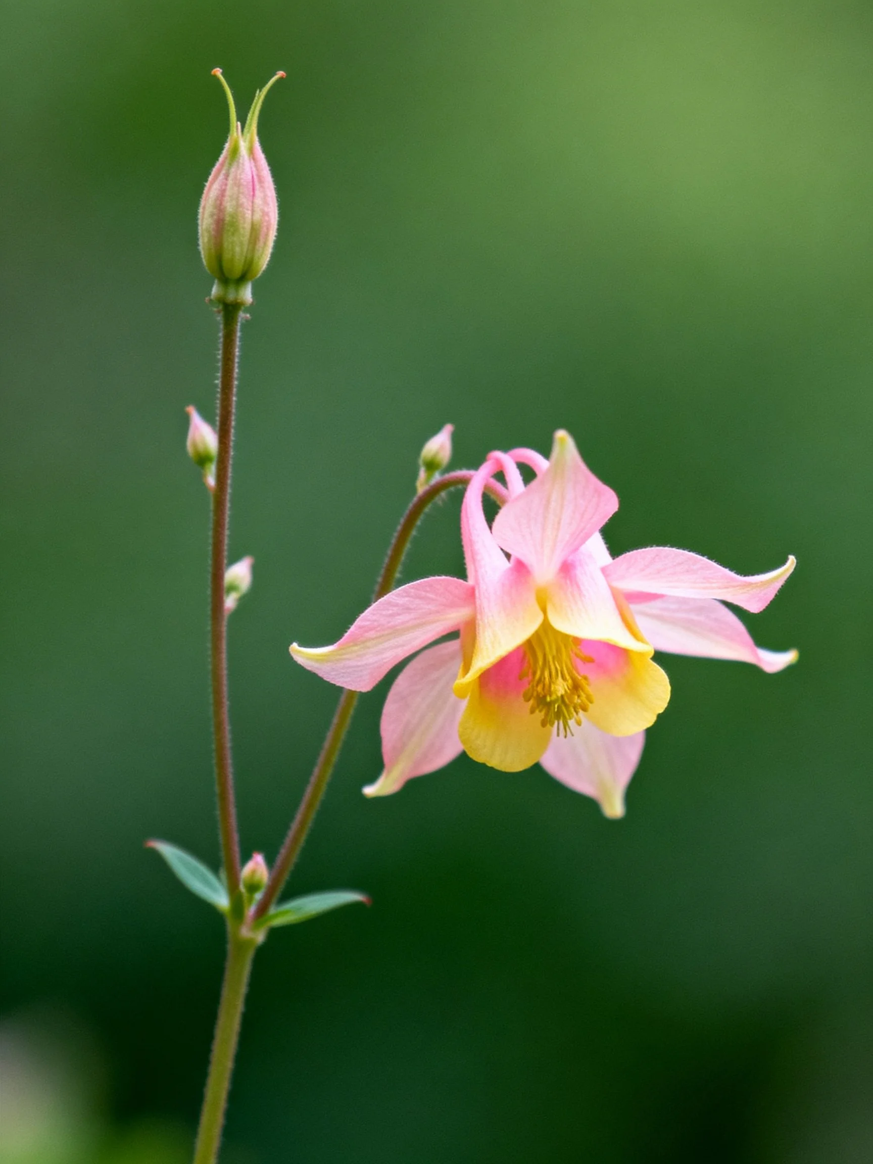 Pink and Yellow Columbine Flowers with Bud, Green Blurred Background