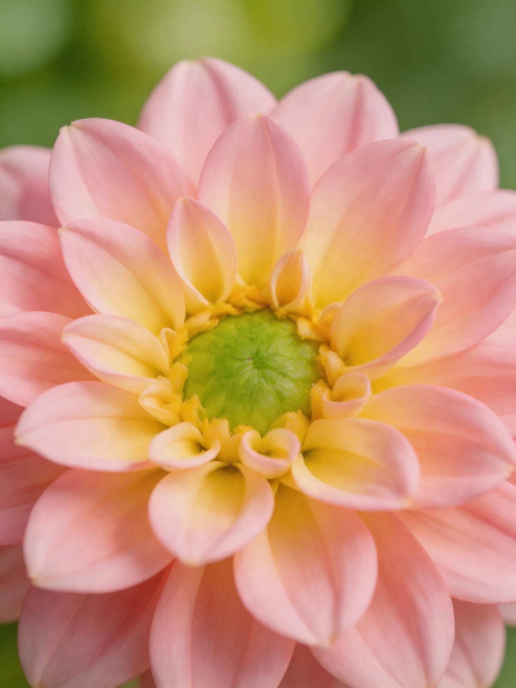 A close - up of a pink and yellow dahlia with a green central core.