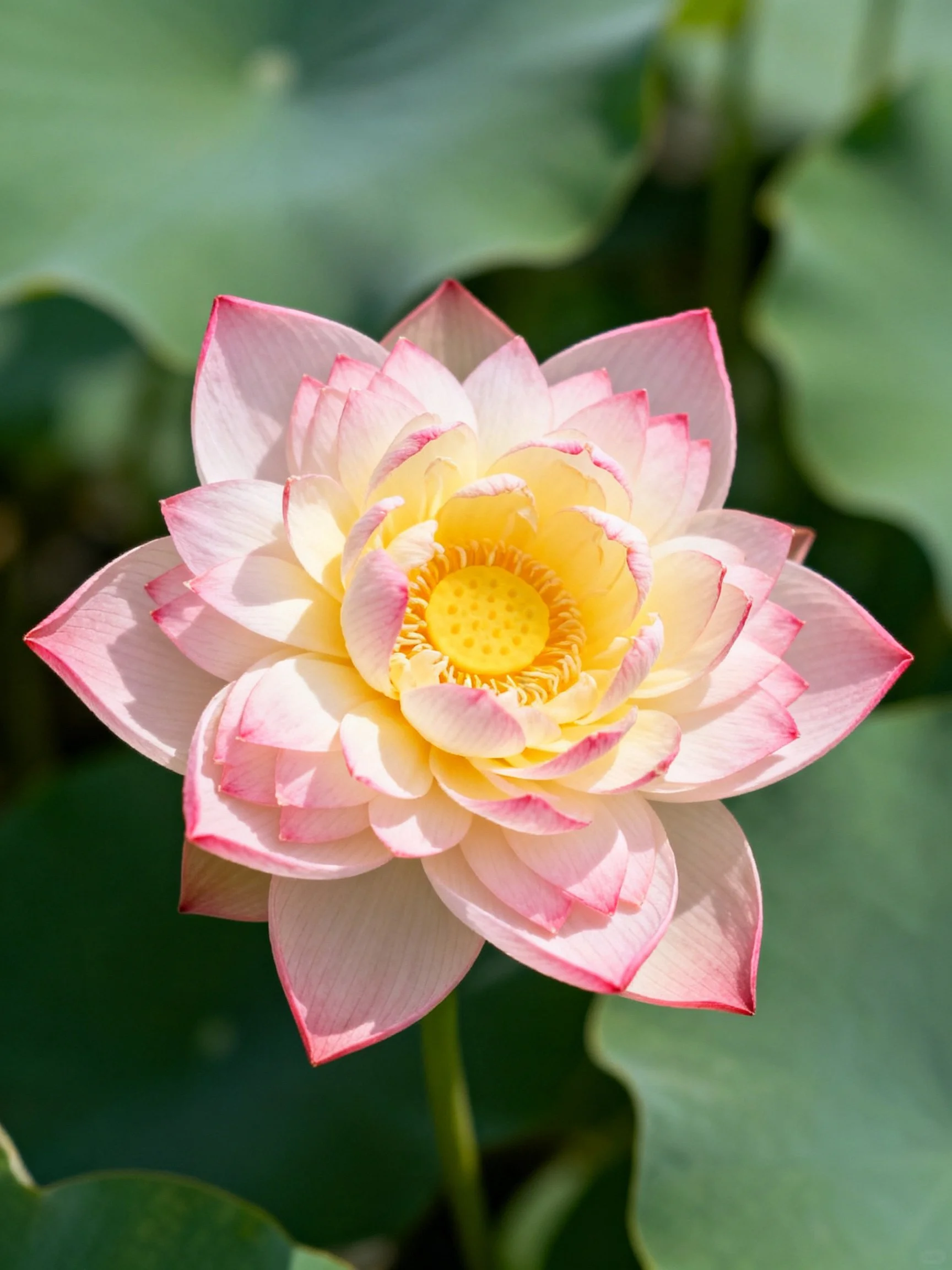 Pink and Yellow Lotus Bloom with Green Leaf Background
