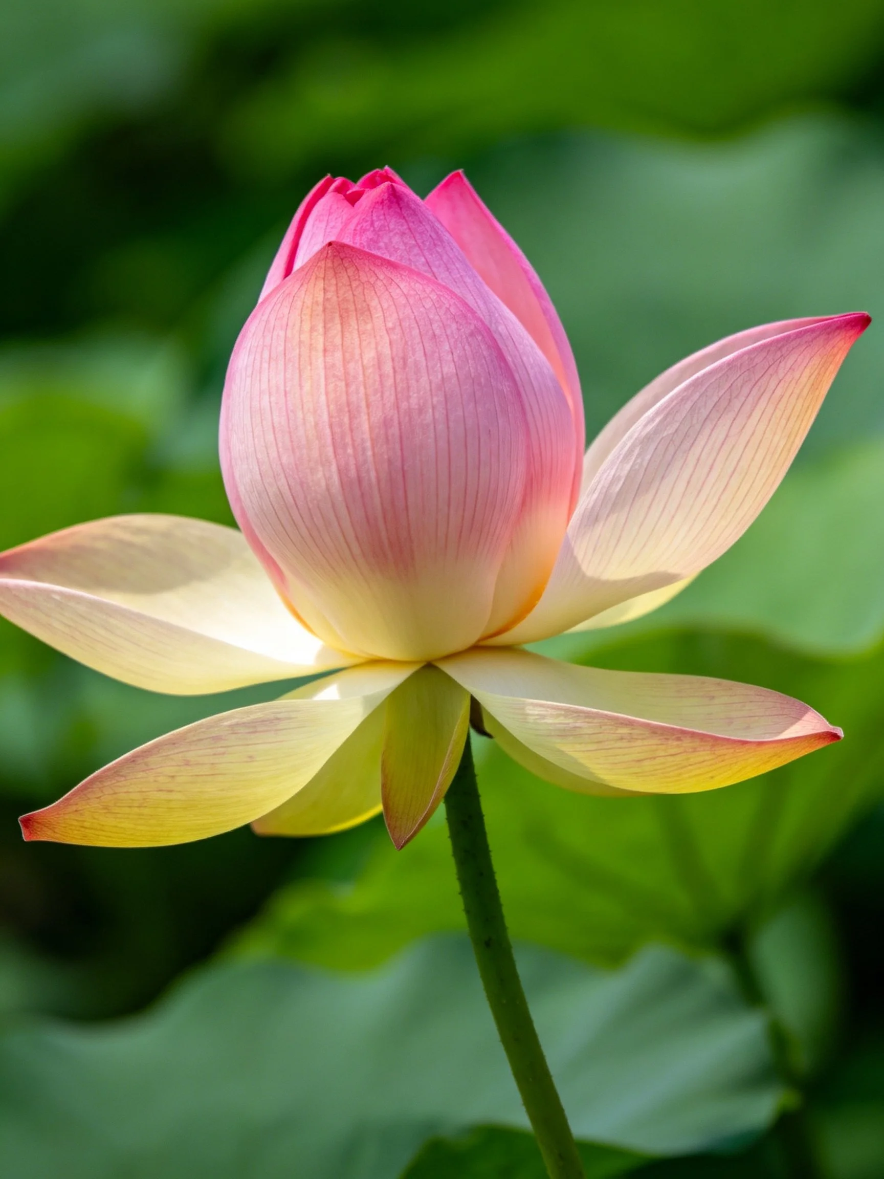 Pink and Yellow Lotus Bud with Blurred Green Leaves