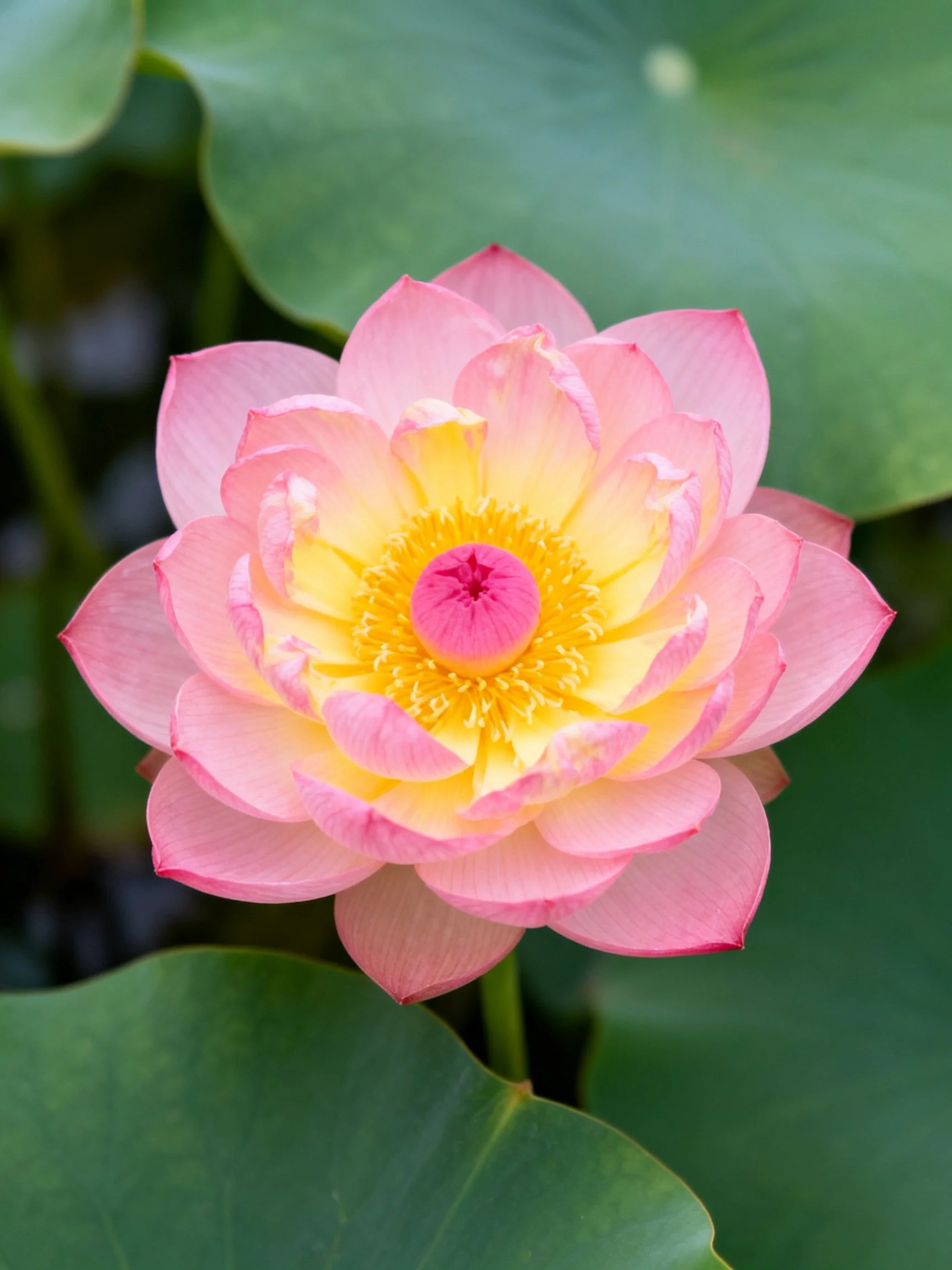 Pink and Yellow Lotus Flower with Green Leaves