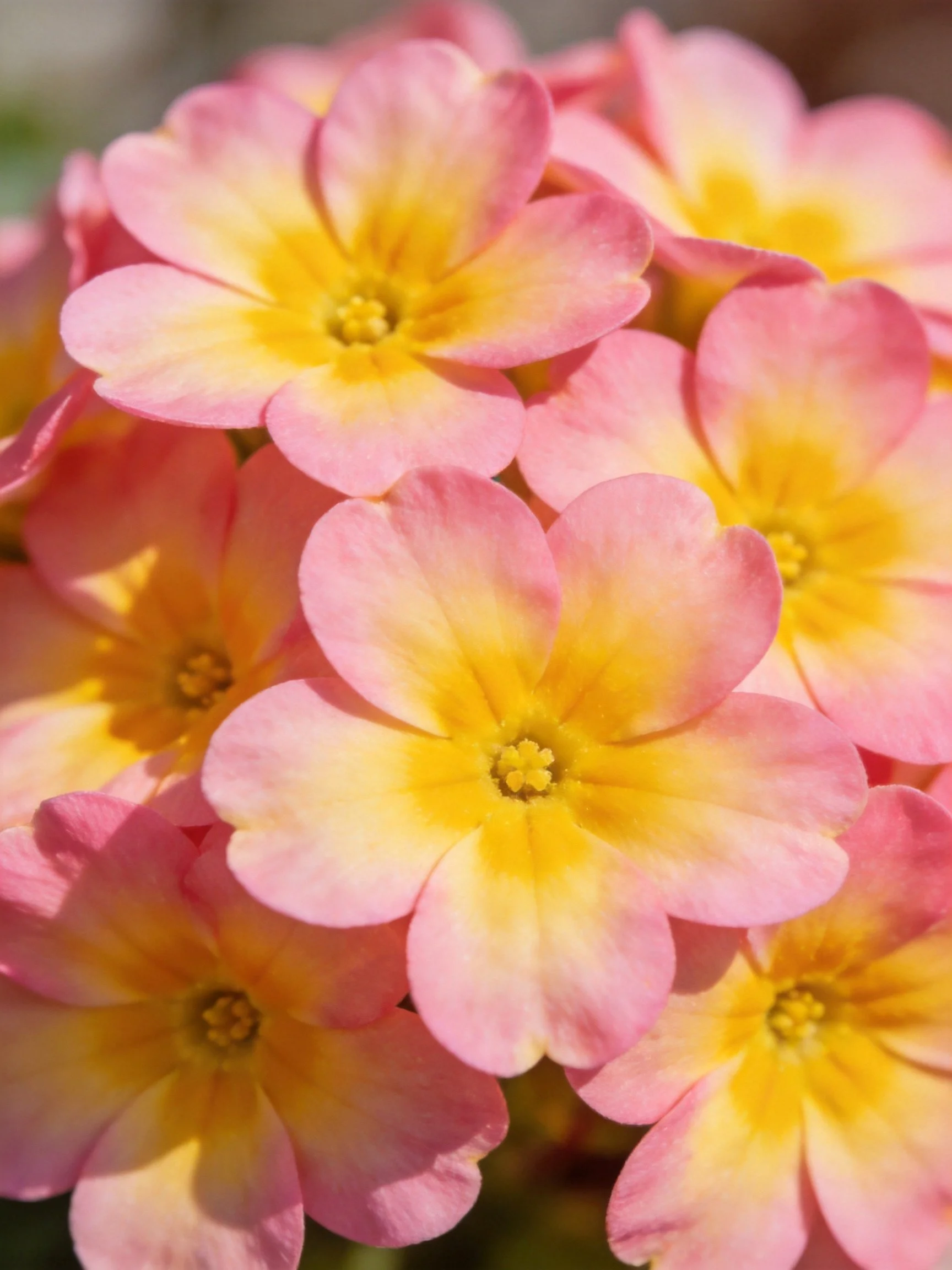Pink and Yellow Primrose Flowers Clustered Close-Up