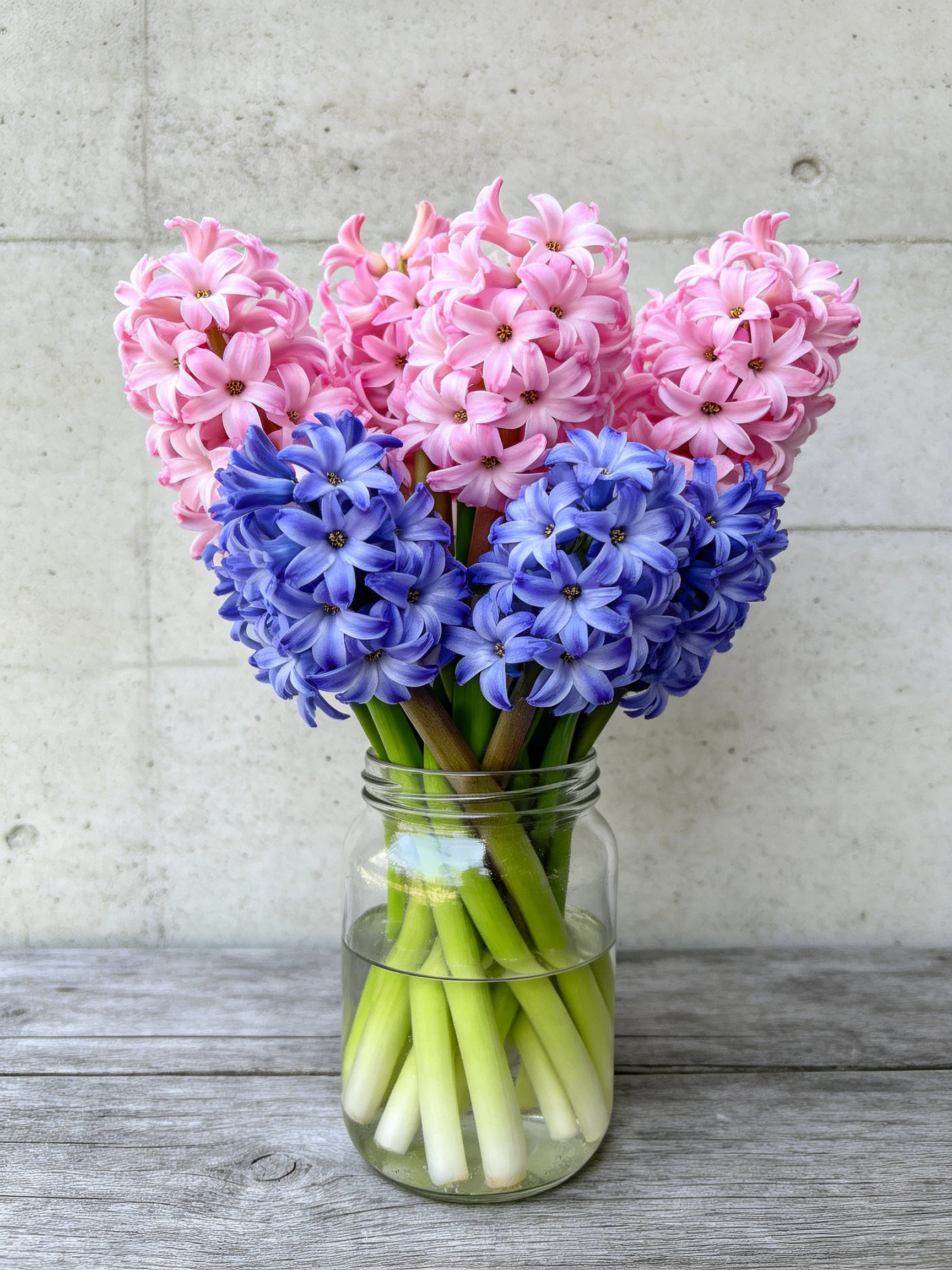 Pink and blue hyacinths arranged in a clear glass jar