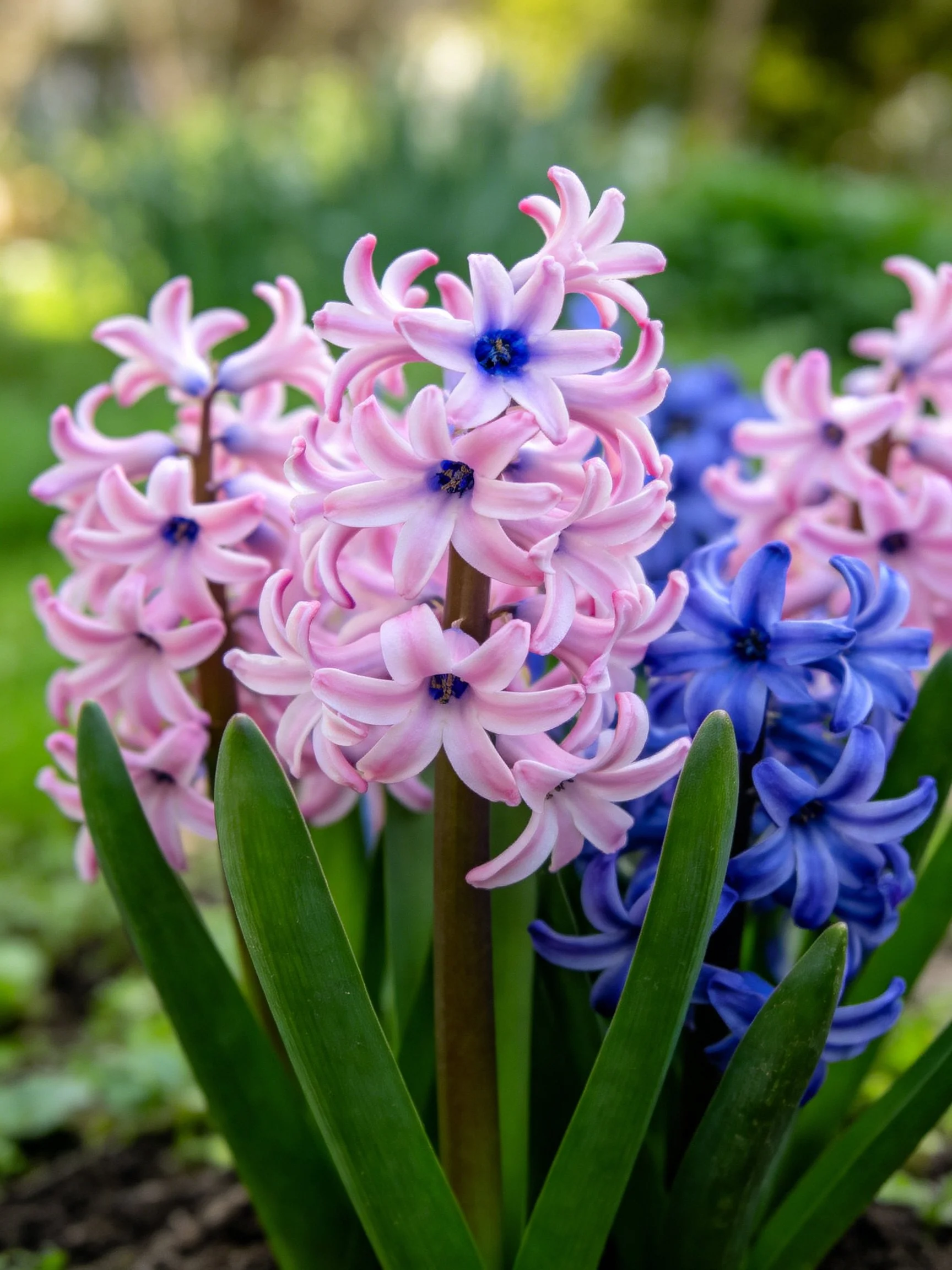 Pink and blue hyacinths bloom among lush green foliage