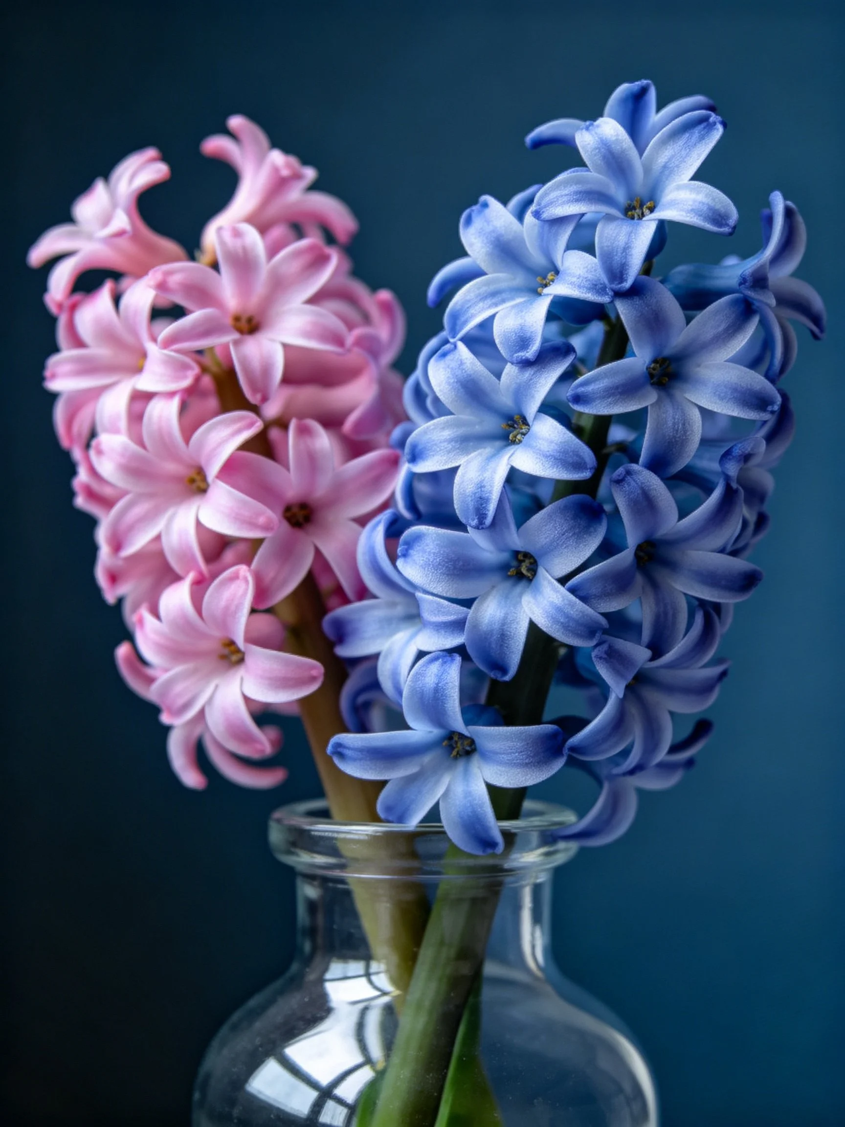Pink and blue hyacinths in a clear glass vase