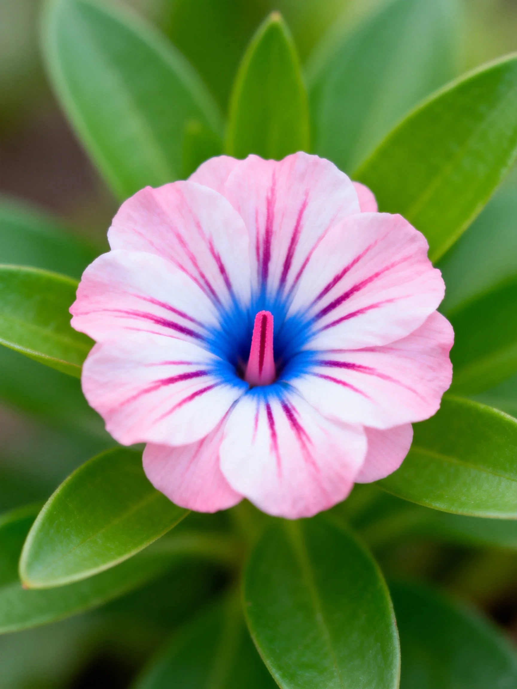 Pink and blue petunia flower with green foliage
