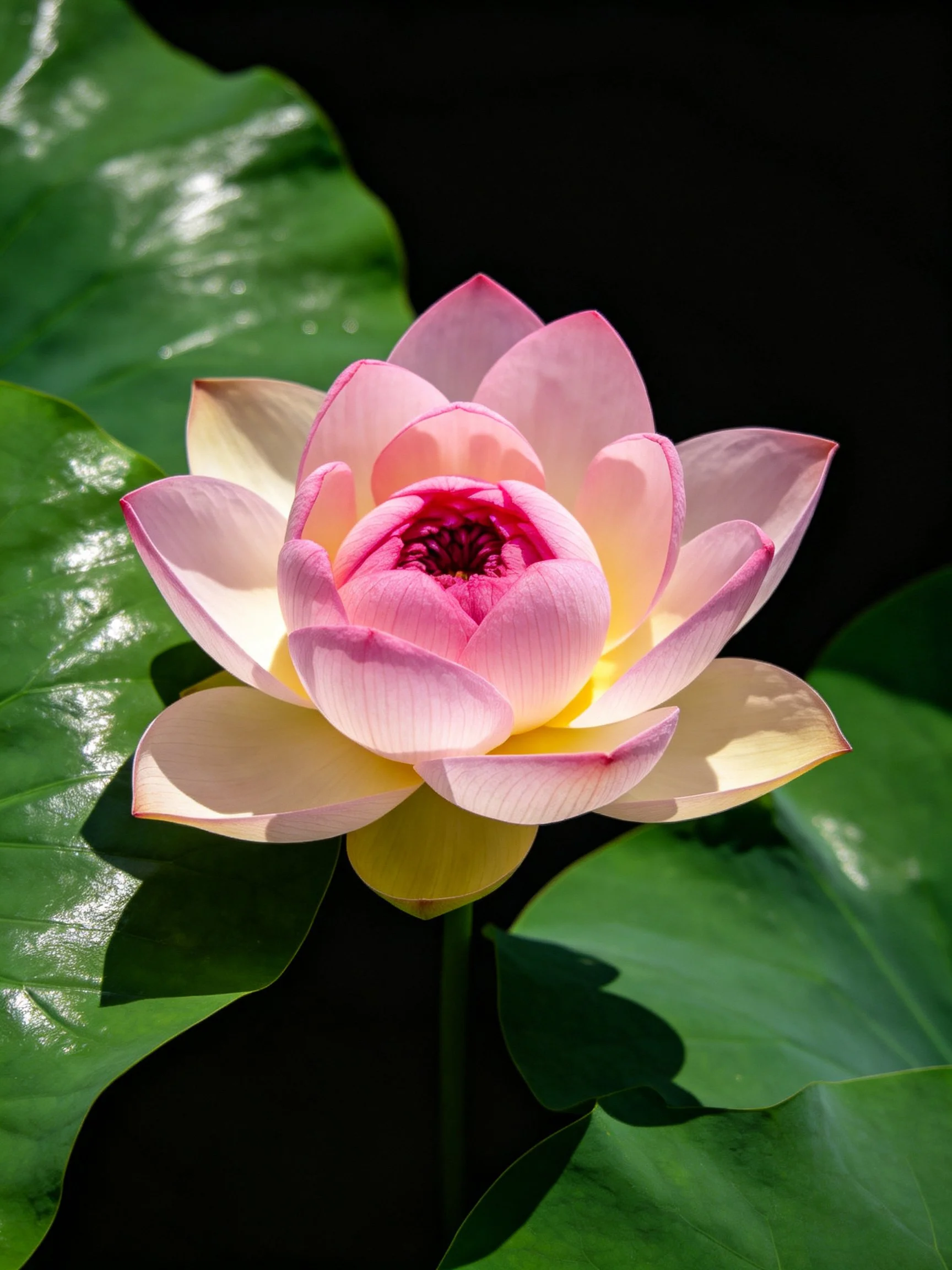 Pink and cream lotus flower with large green leaves