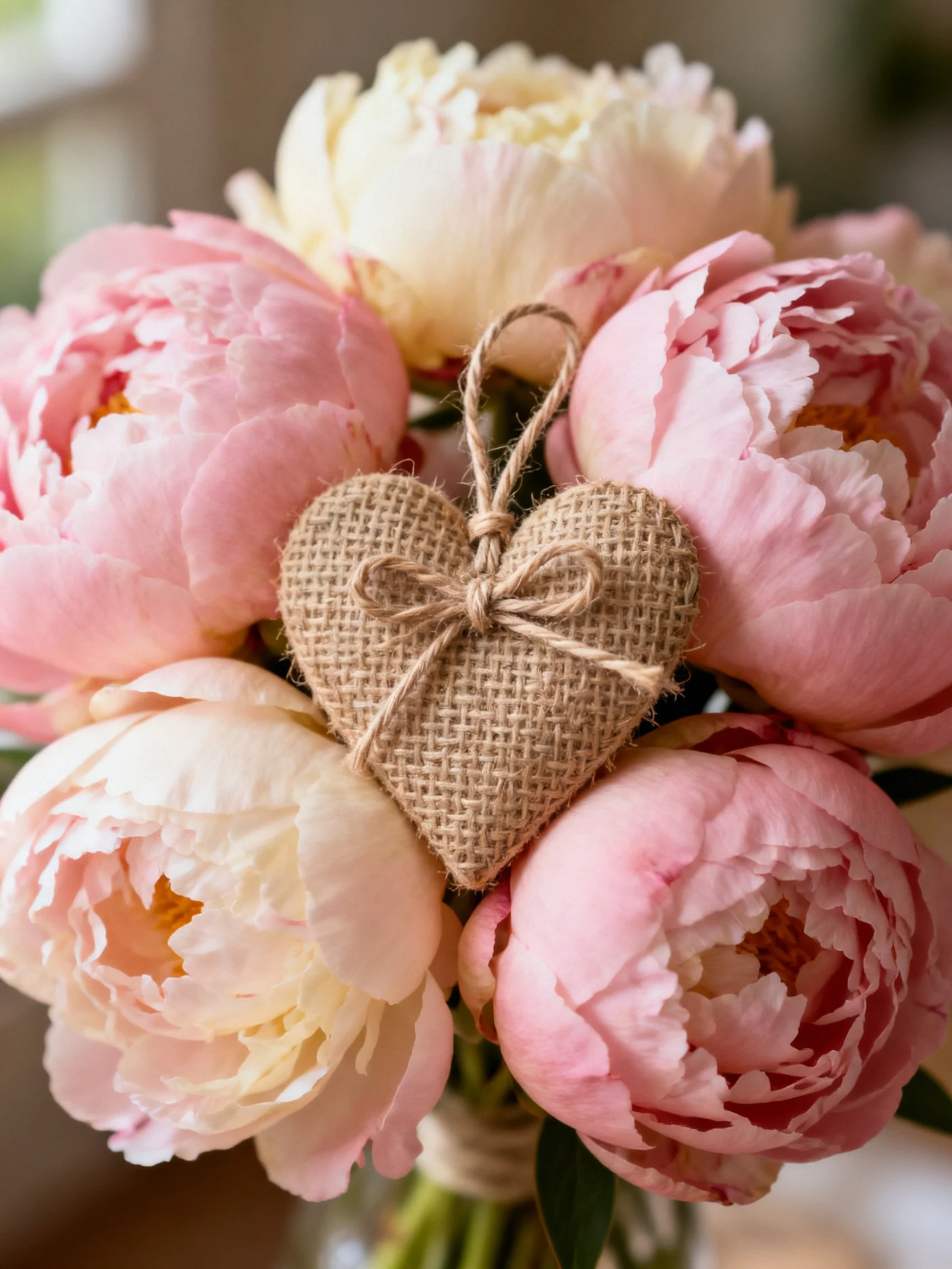 Pink and cream peonies bouquet with burlap heart