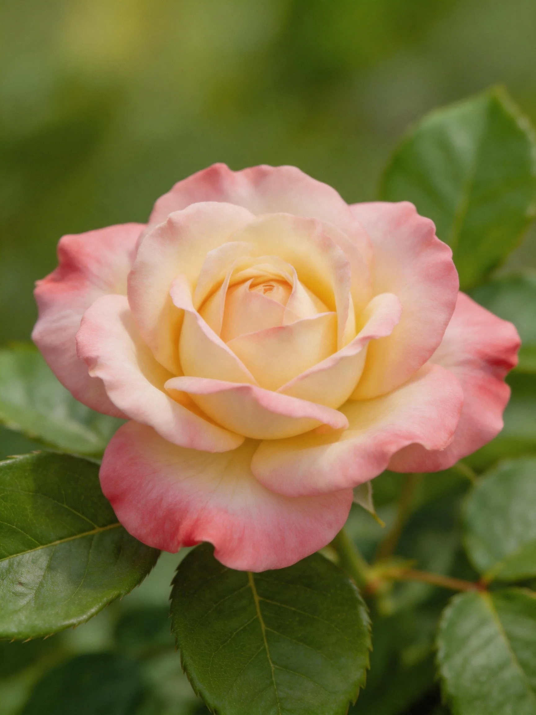 Pink and cream rose with green leaves in soft focus