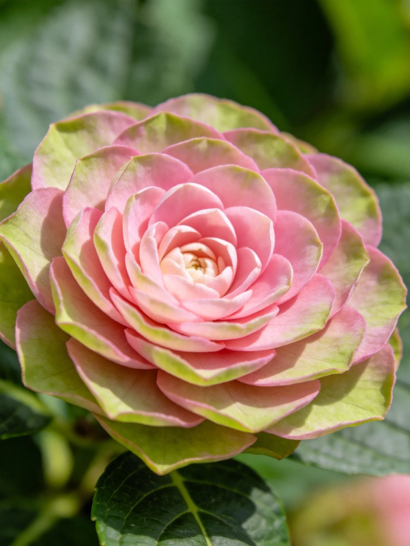Pink and green layered camellia flower with gradient petals