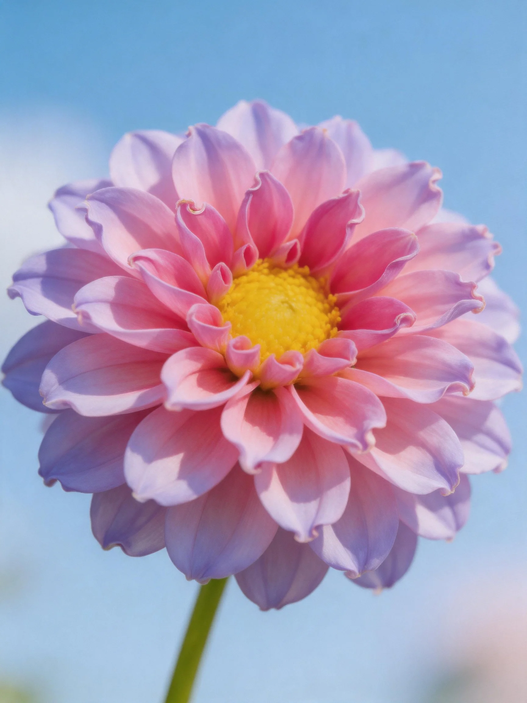 Pink and lavender dahlia with vibrant yellow center