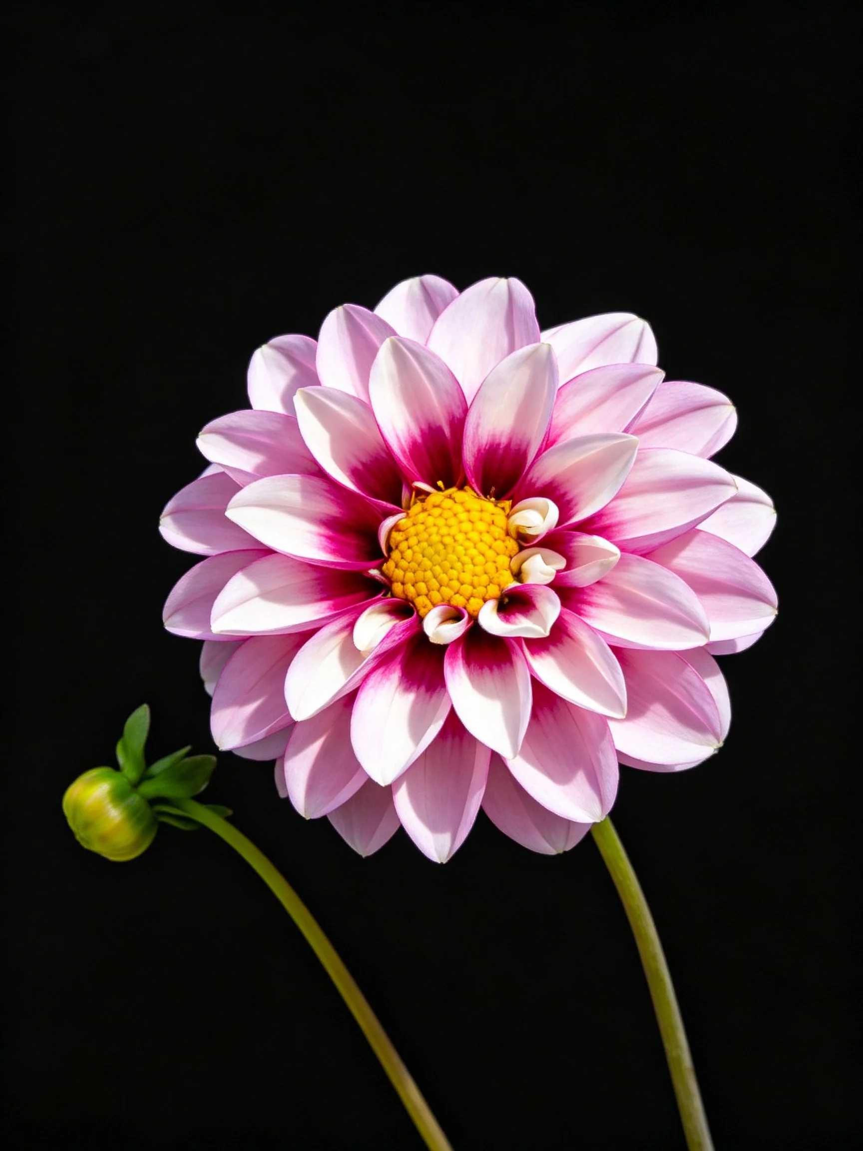 Pink and magenta dahlia with yellow center beside green bud