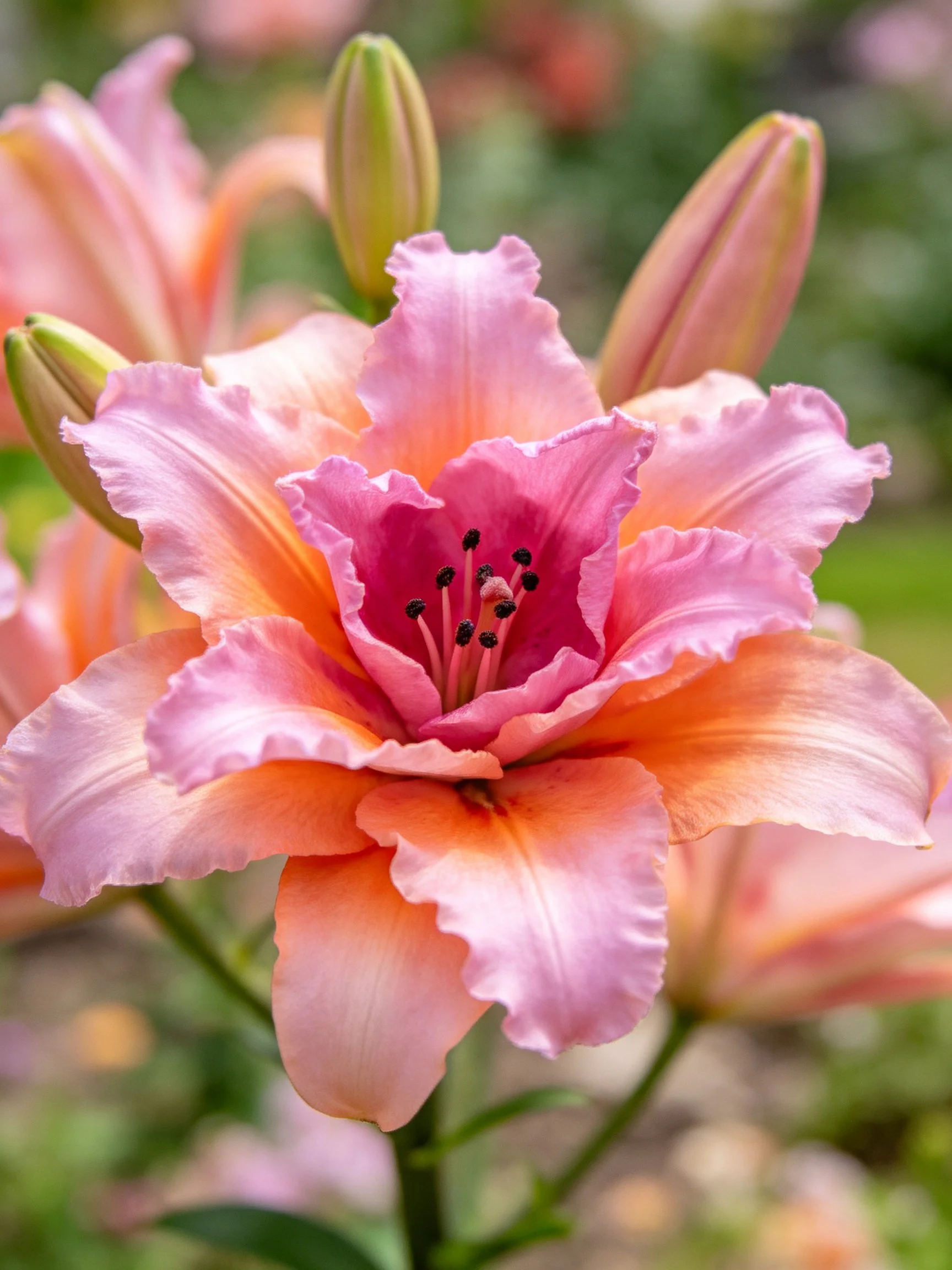 Pink and orange lily with green buds in a garden