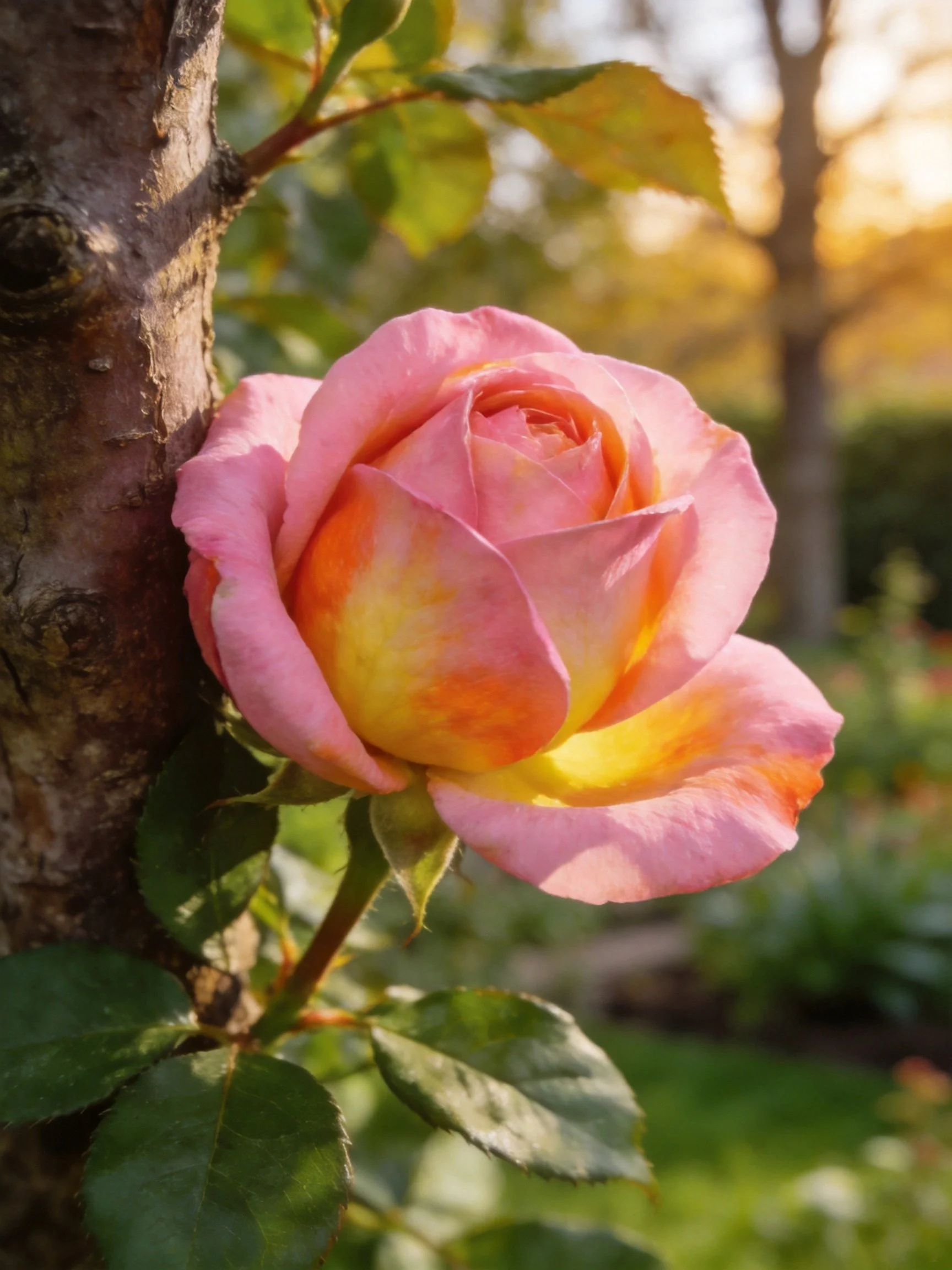 Pink and orange rose blooming next to a tree trunk in a sunlit garden