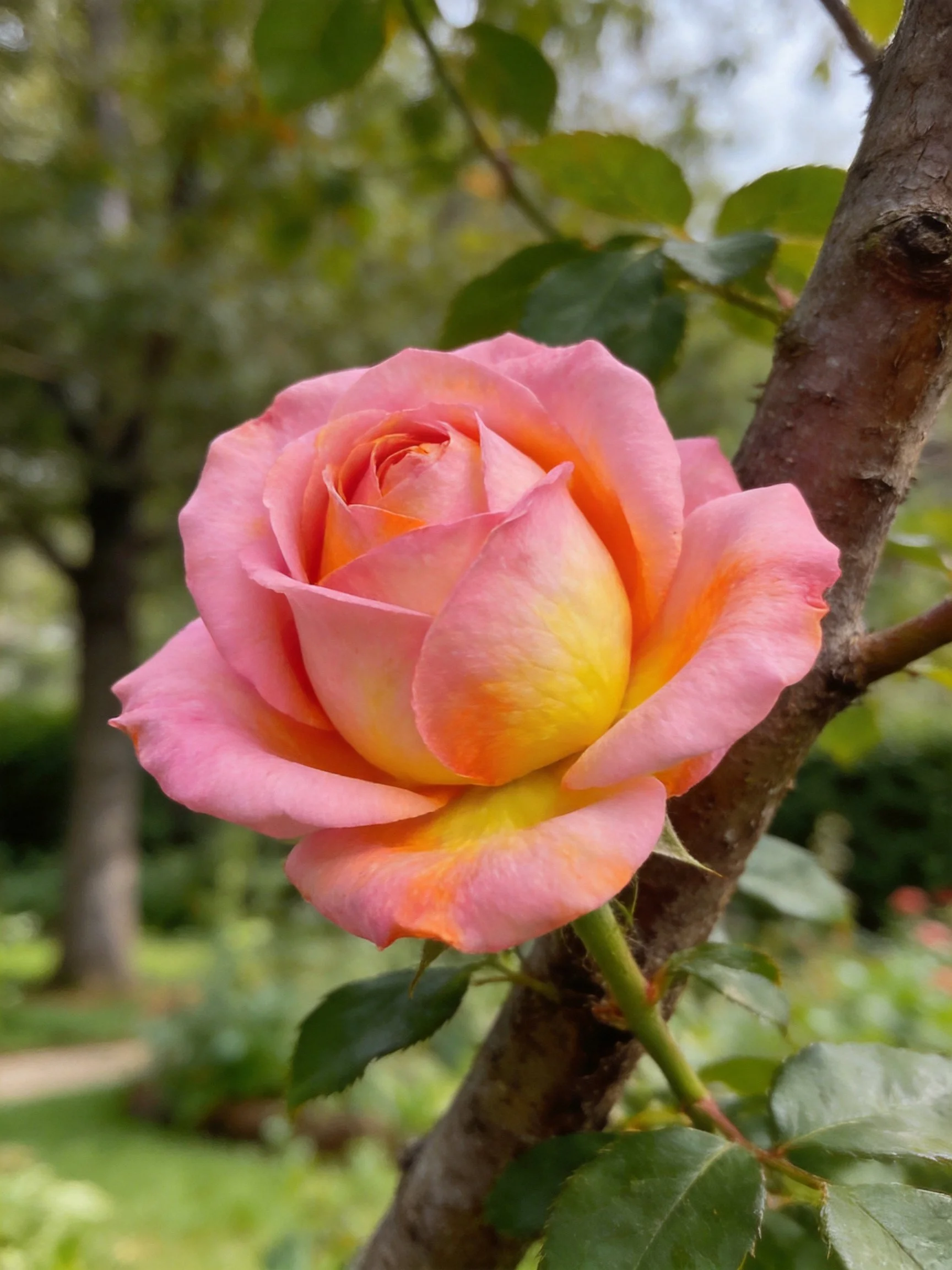 Pink and orange rose blooming on tree branch in garden