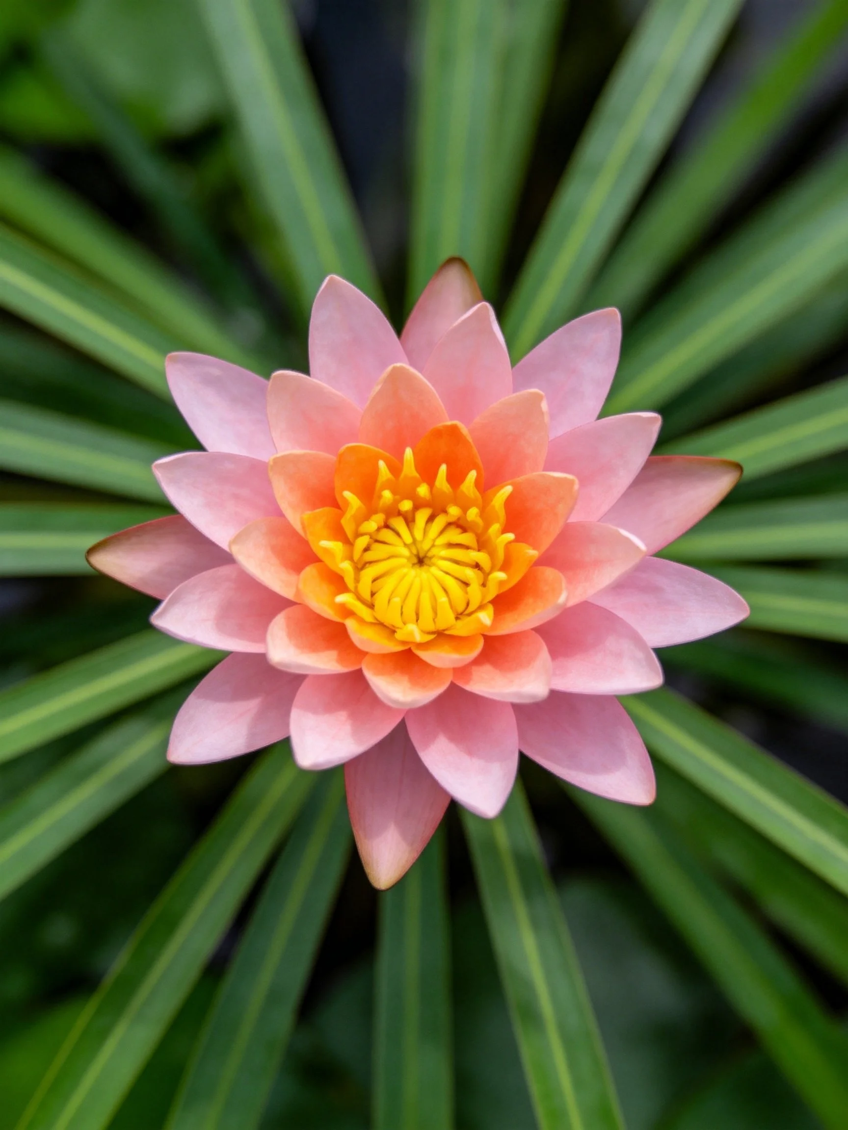 Pink and orange water lily with radiating green foliage