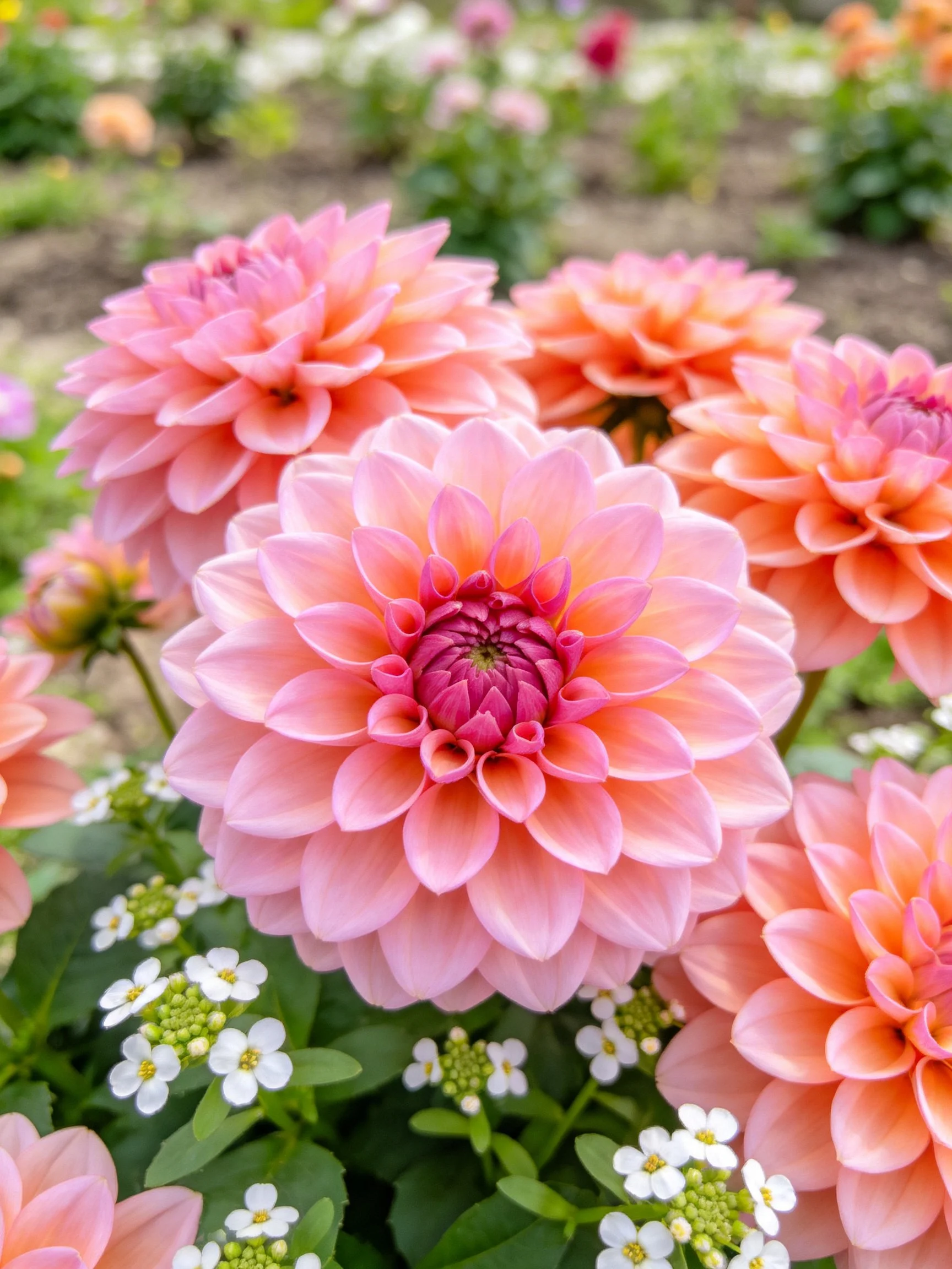 Pink and peach dahlias with small white blooms in a lush garden
