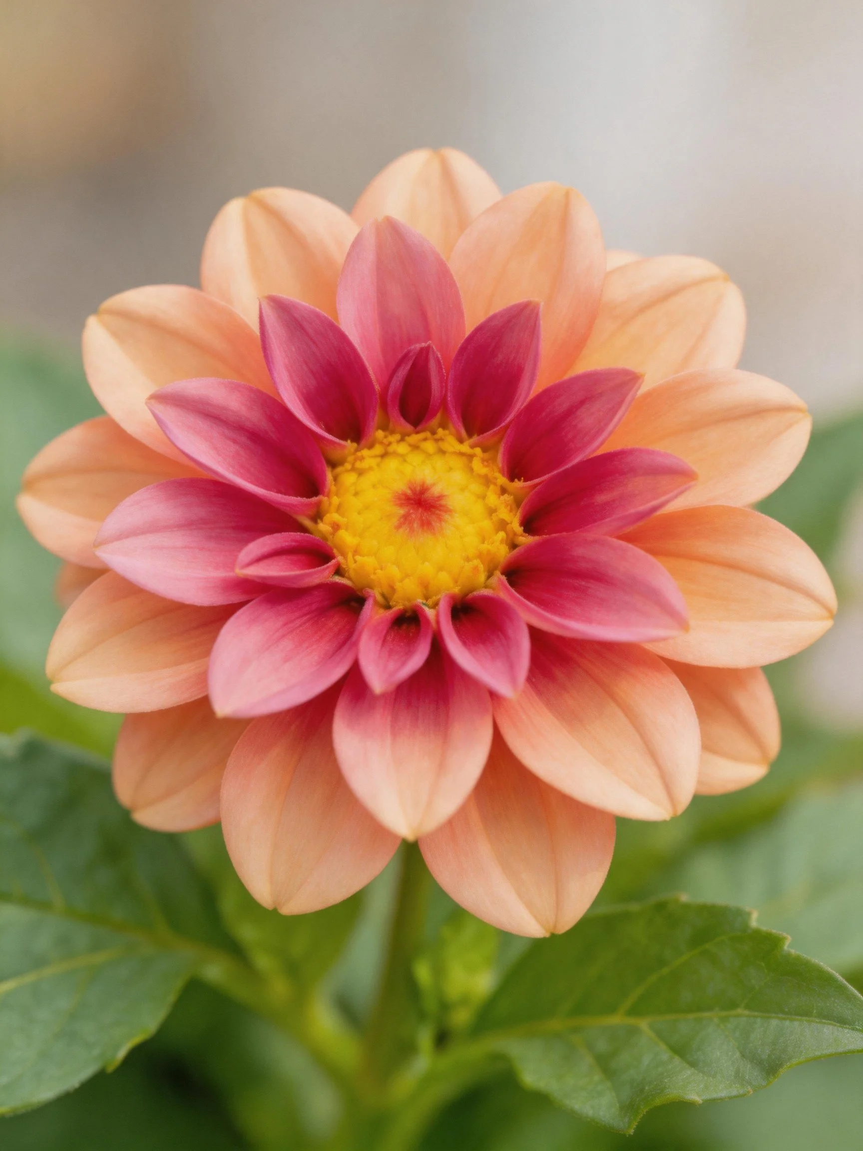 Pink and peach layered dahlia with yellow center