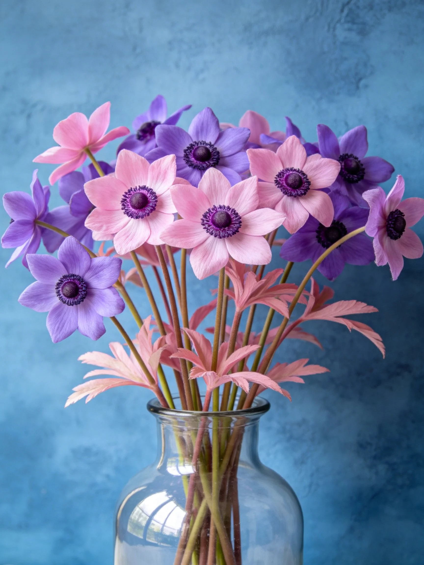 Pink and purple anemones arranged in a clear glass vase against a blue backdrop
