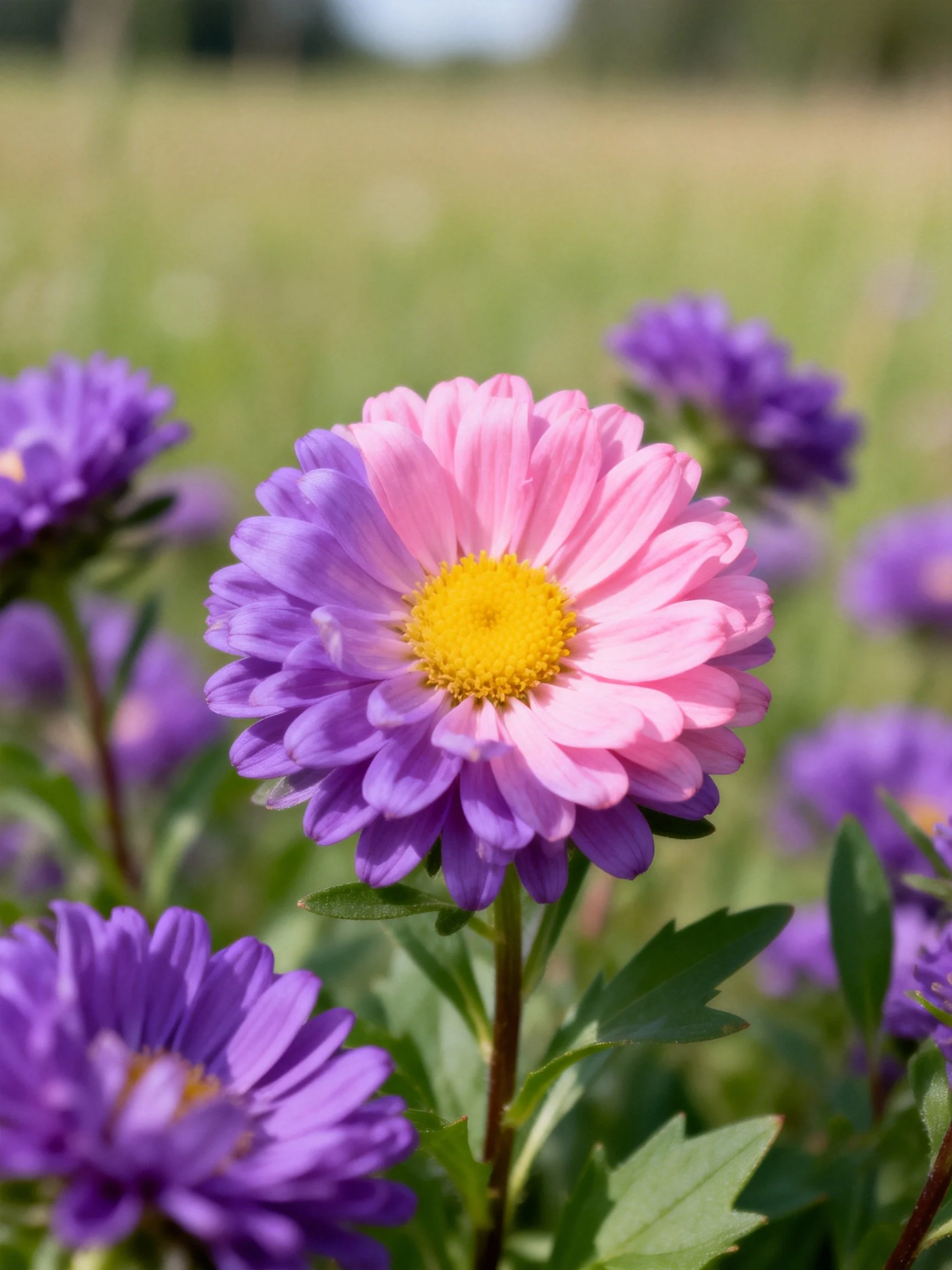 Pink and purple aster flower with yellow center amid purple blooms