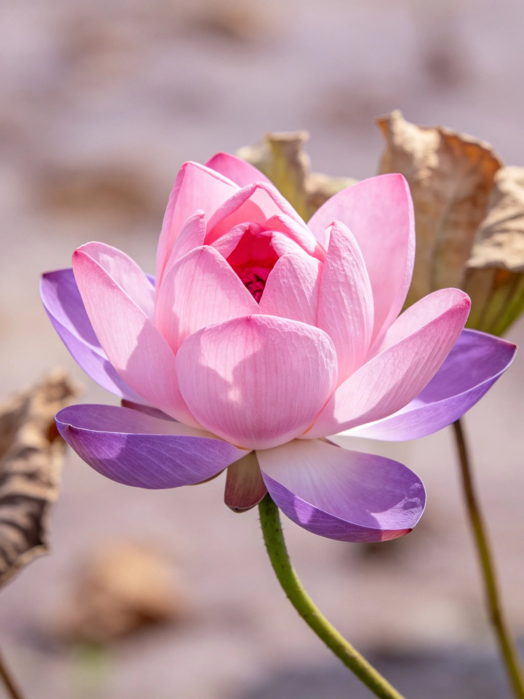 Pink and purple blooming lotus near dried foliage