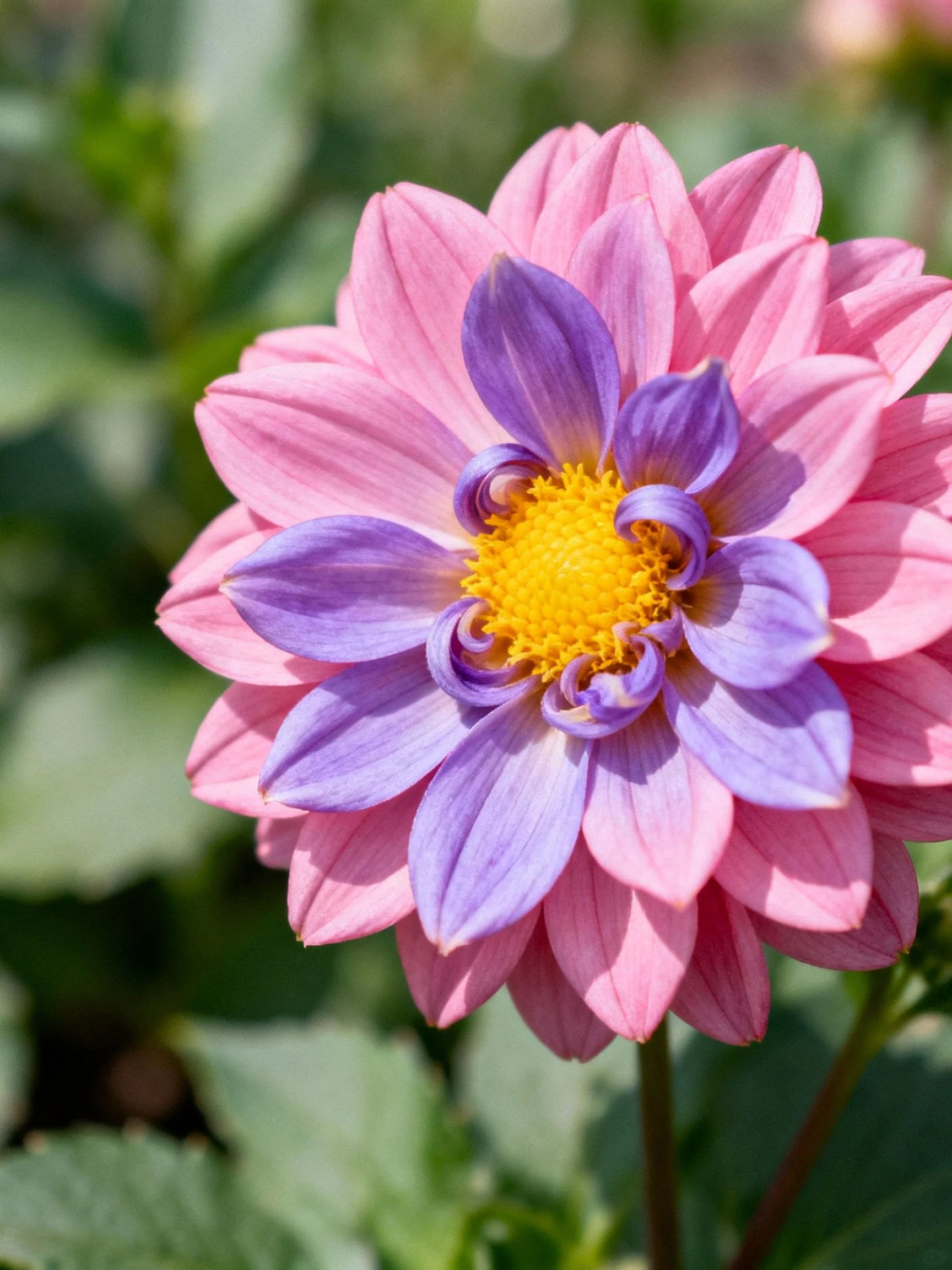 Pink and purple dahlia with layered petals and yellow center