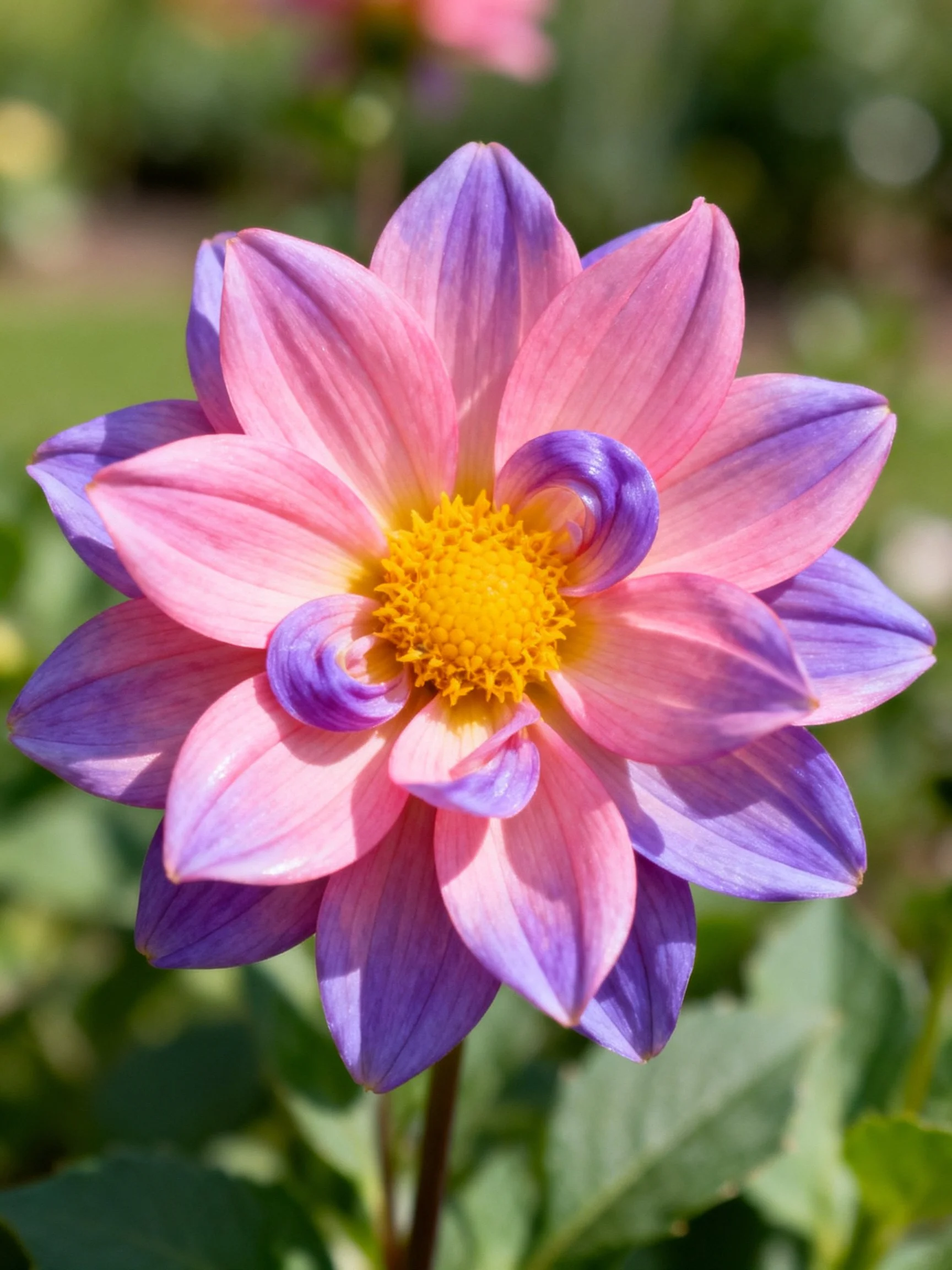 A pink and purple dahlia showcases vibrant colors with a bright yellow center.