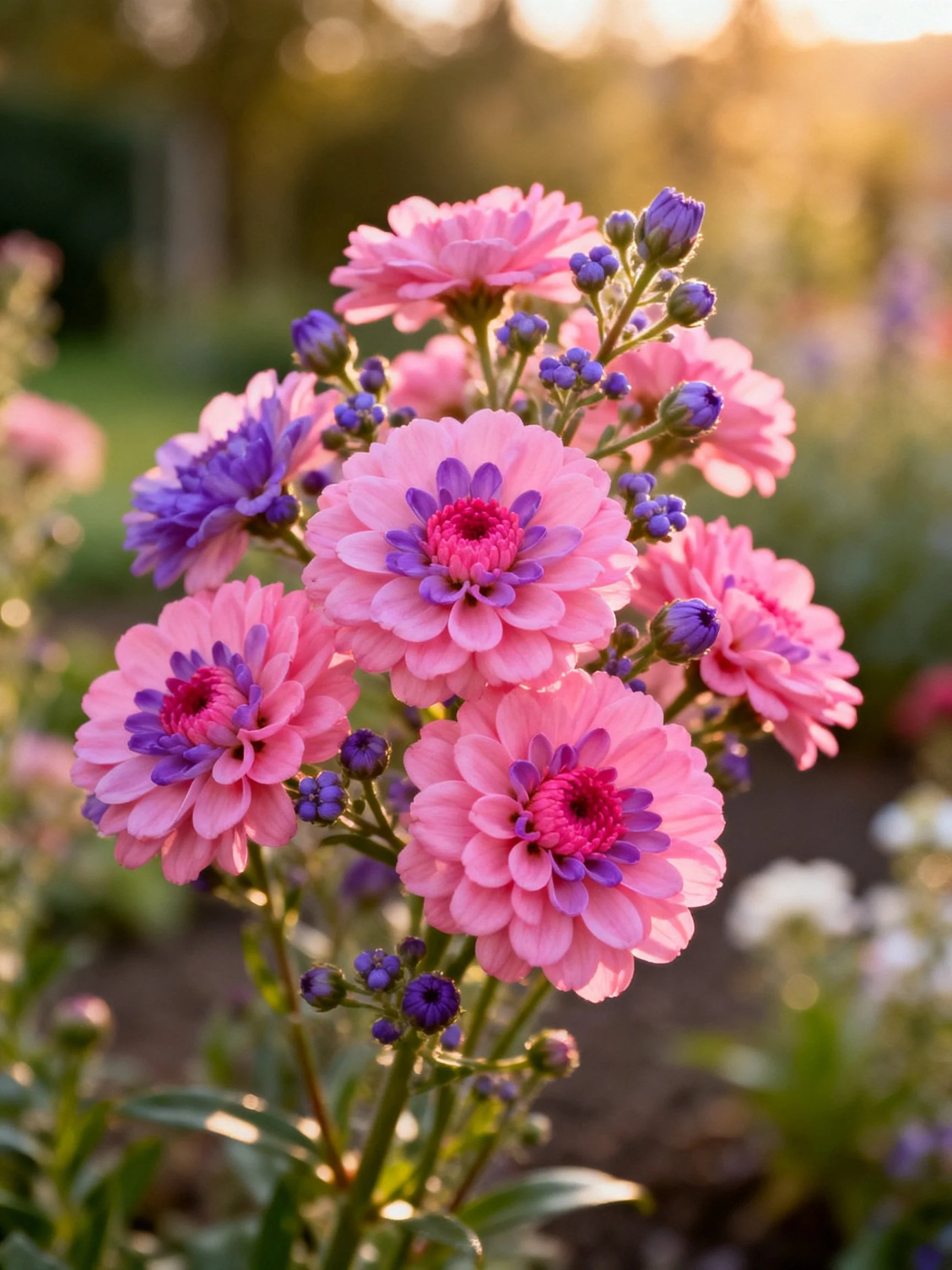Pink and purple flowering plants with buds in a sunlit garden
