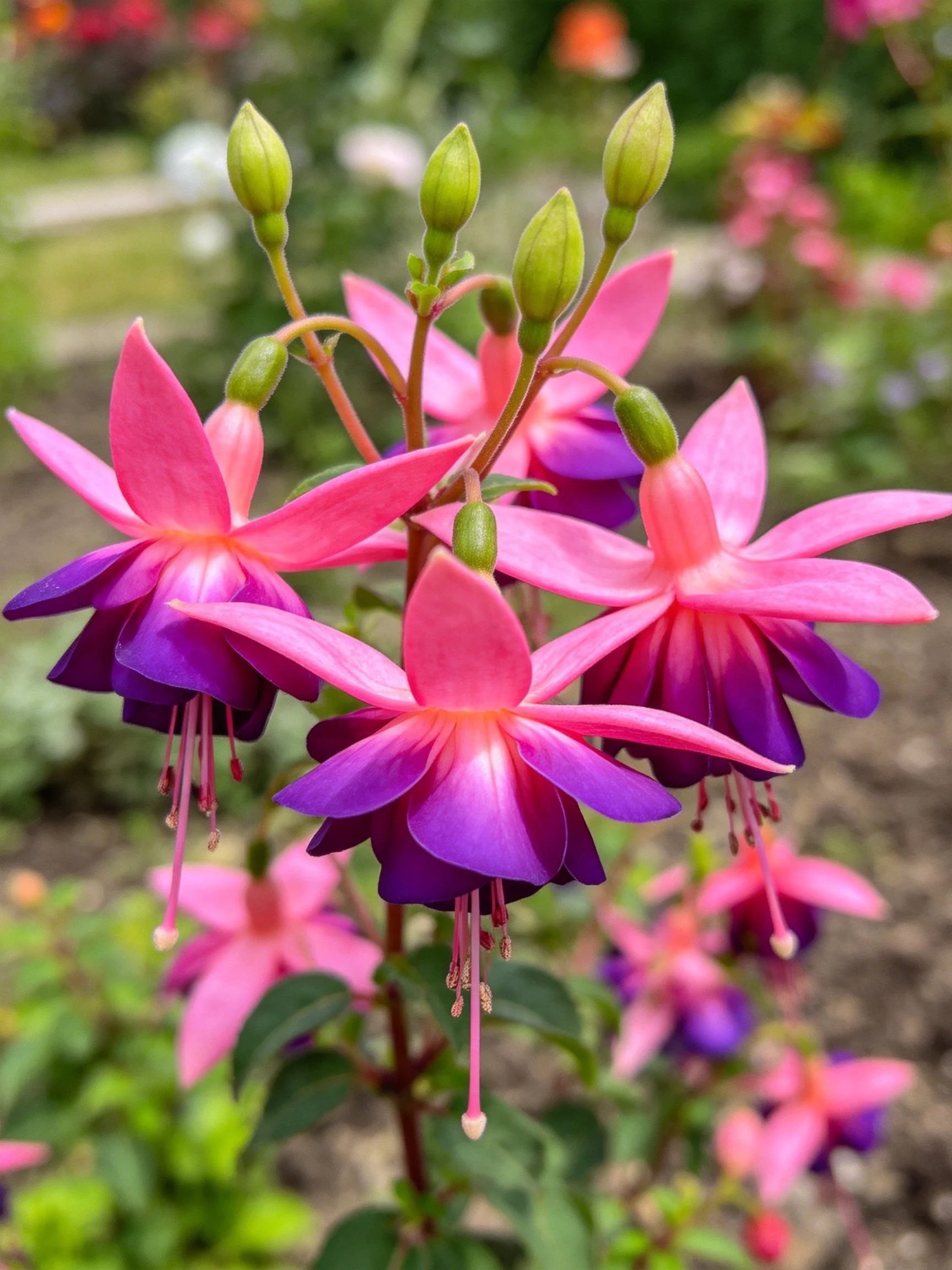 Pink and purple fuchsia flowers with green buds in a garden