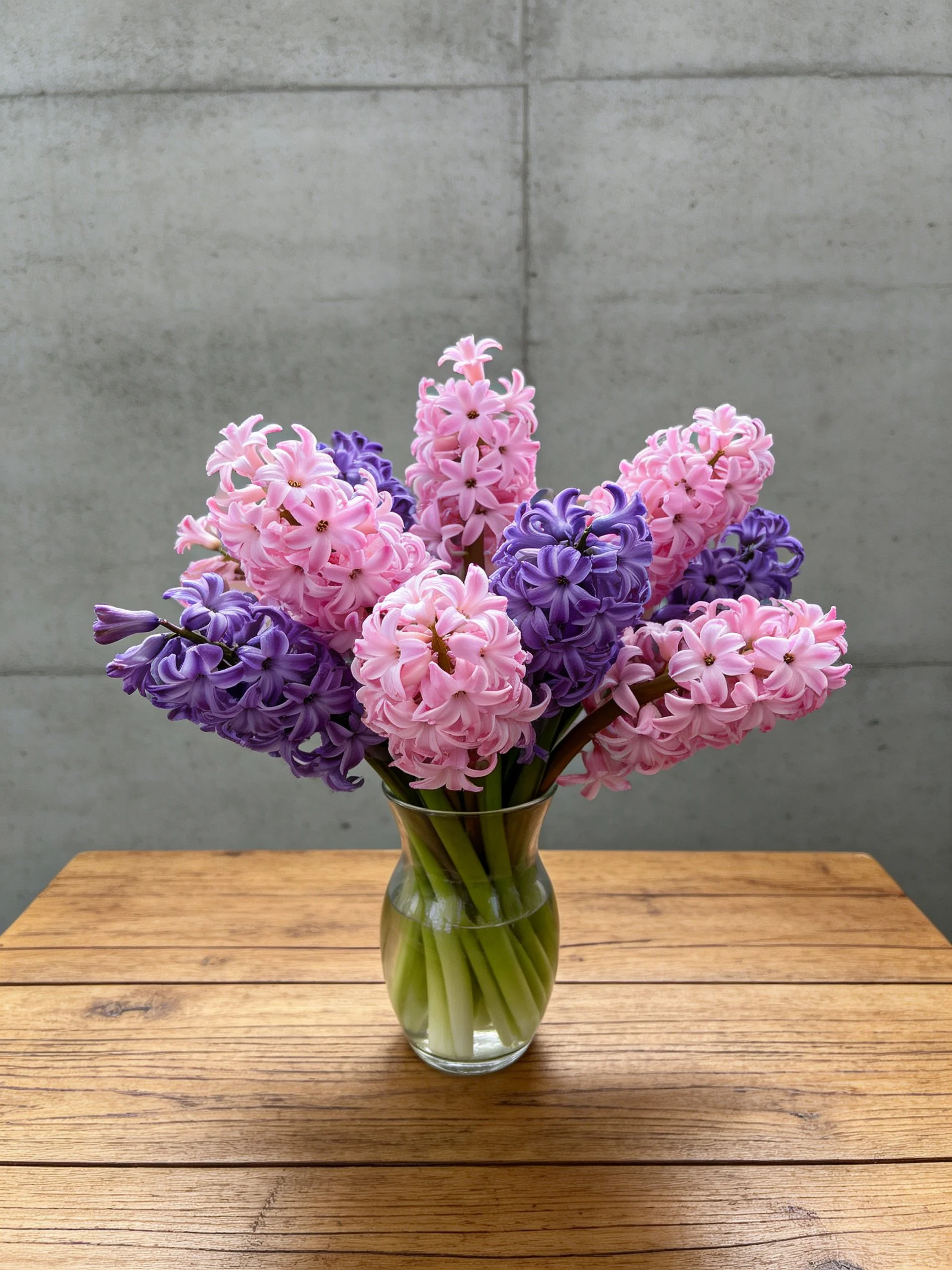 Pink and purple hyacinths in a glass vase on a wooden table
