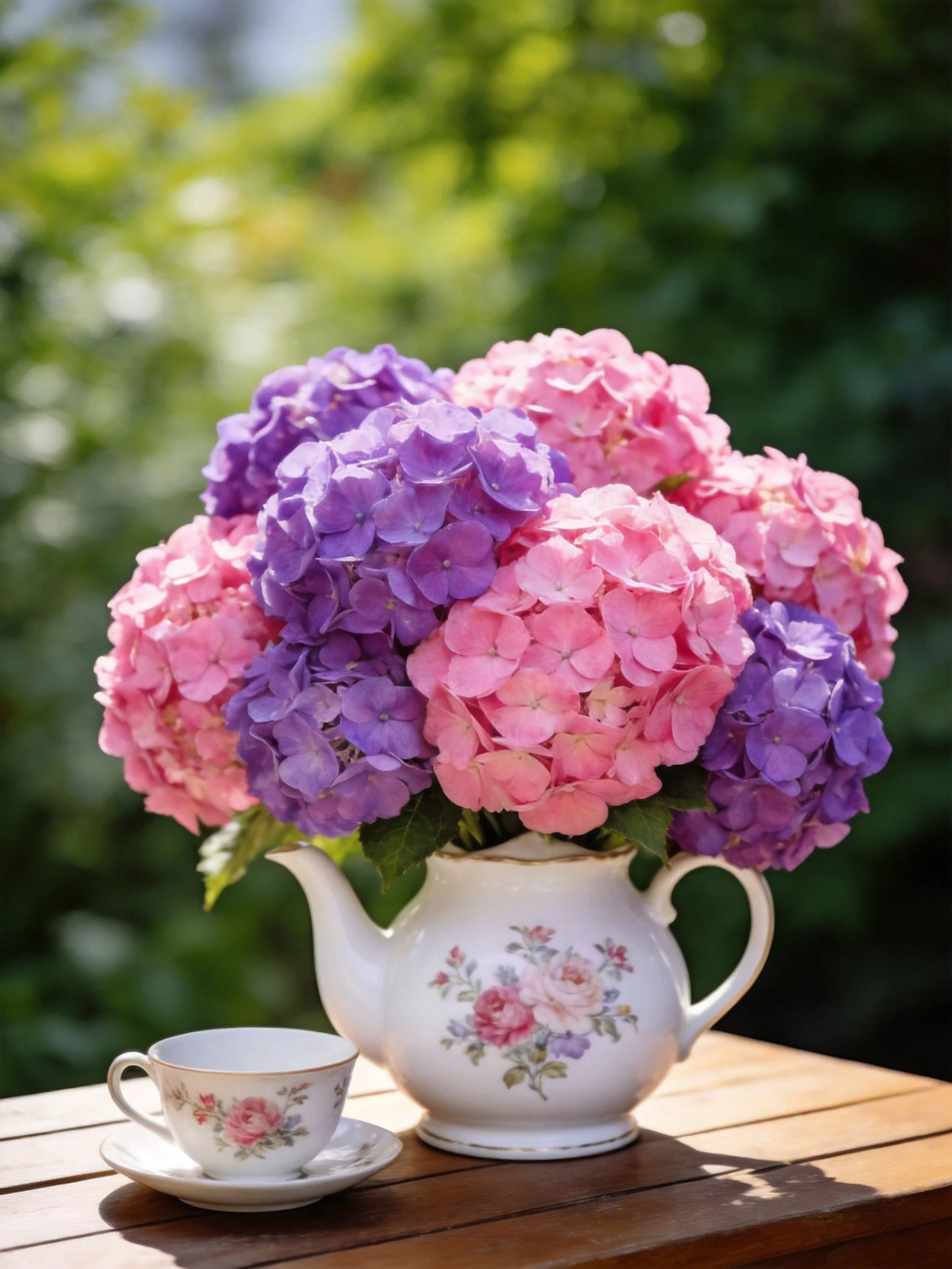 Pink and purple hydrangeas arranged in floral teapot with matching cup