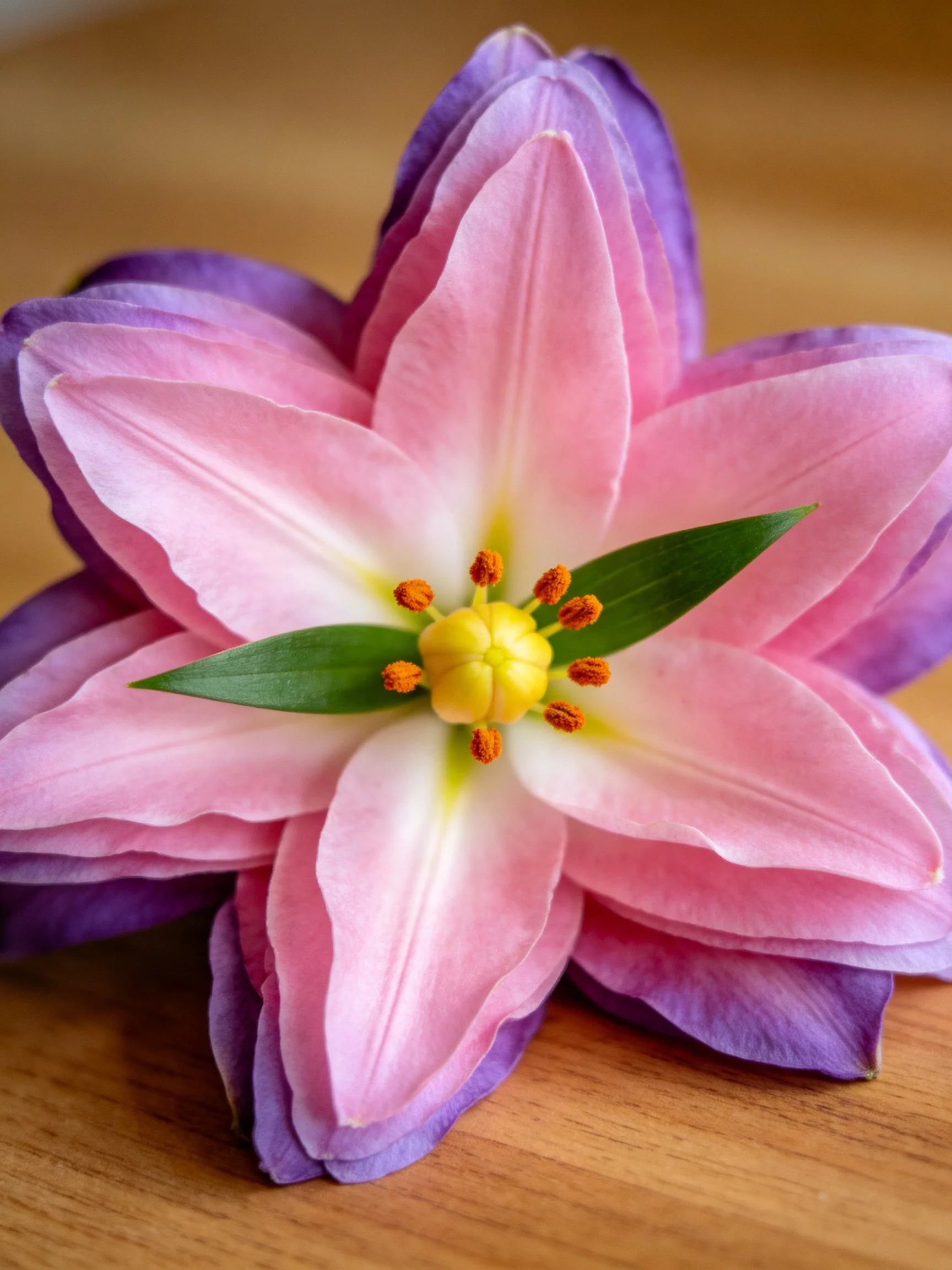 Pink and purple layered flower with green leaves and yellow center