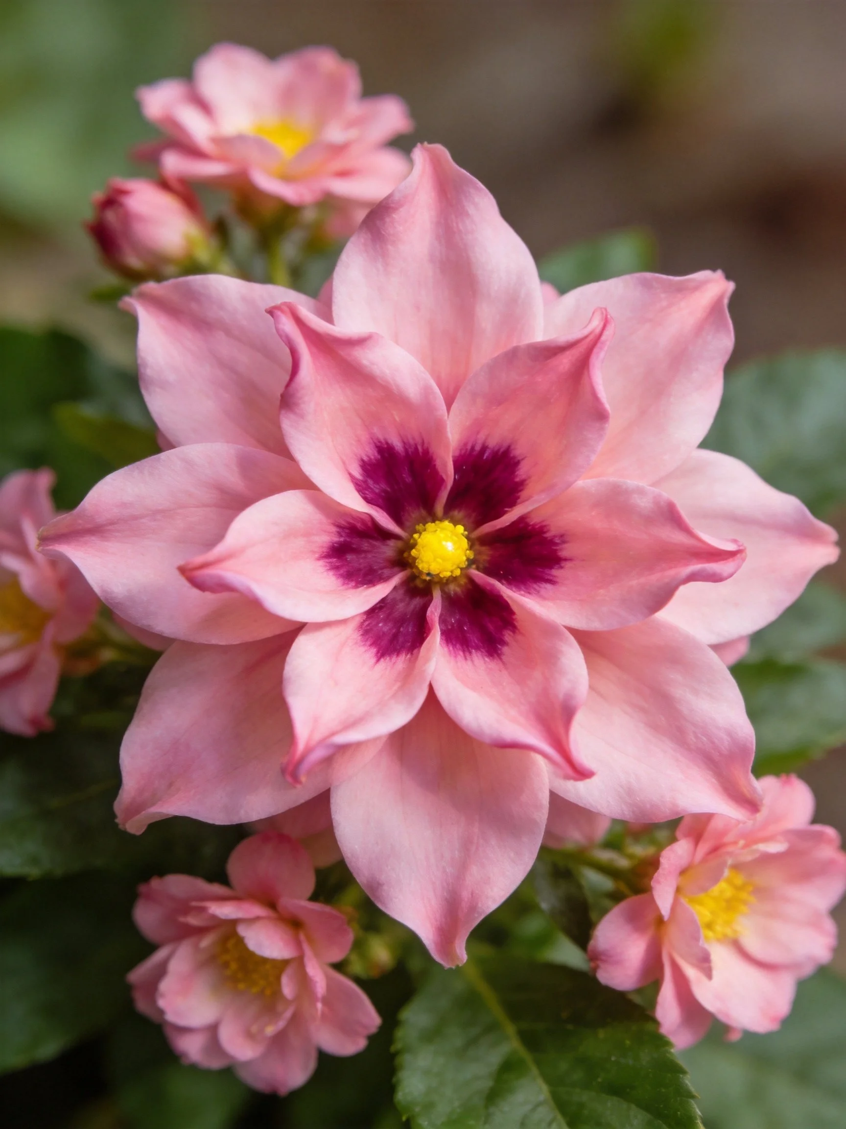 Pink and purple layered flower with yellow center among smaller blooms