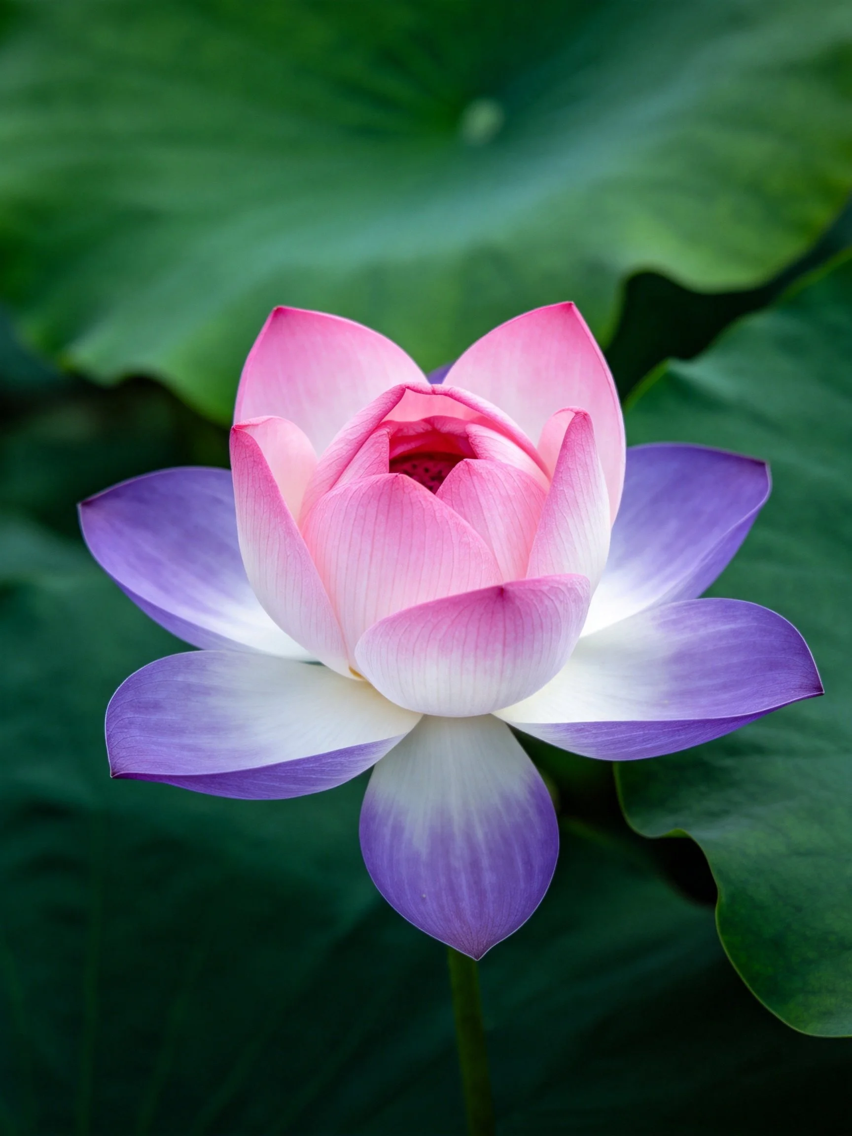 Pink and purple lotus blooming amid large green leaves