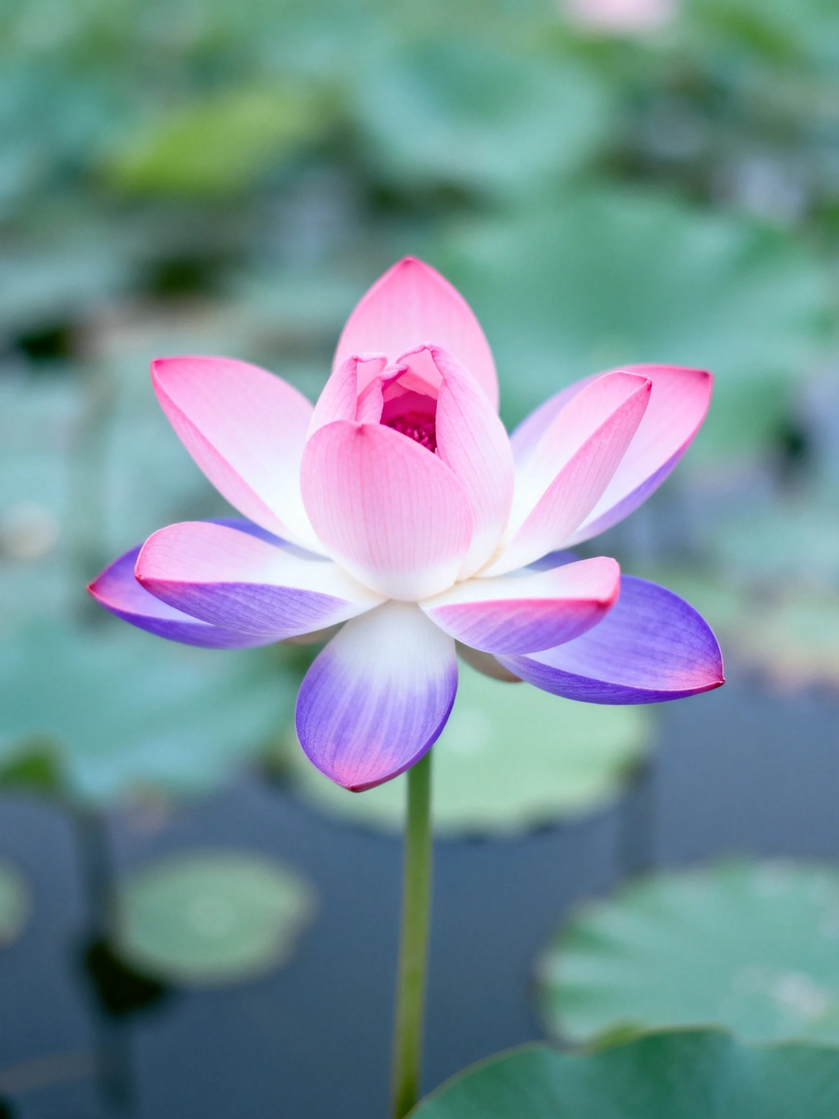 Pink and purple lotus flower with green foliage backdrop