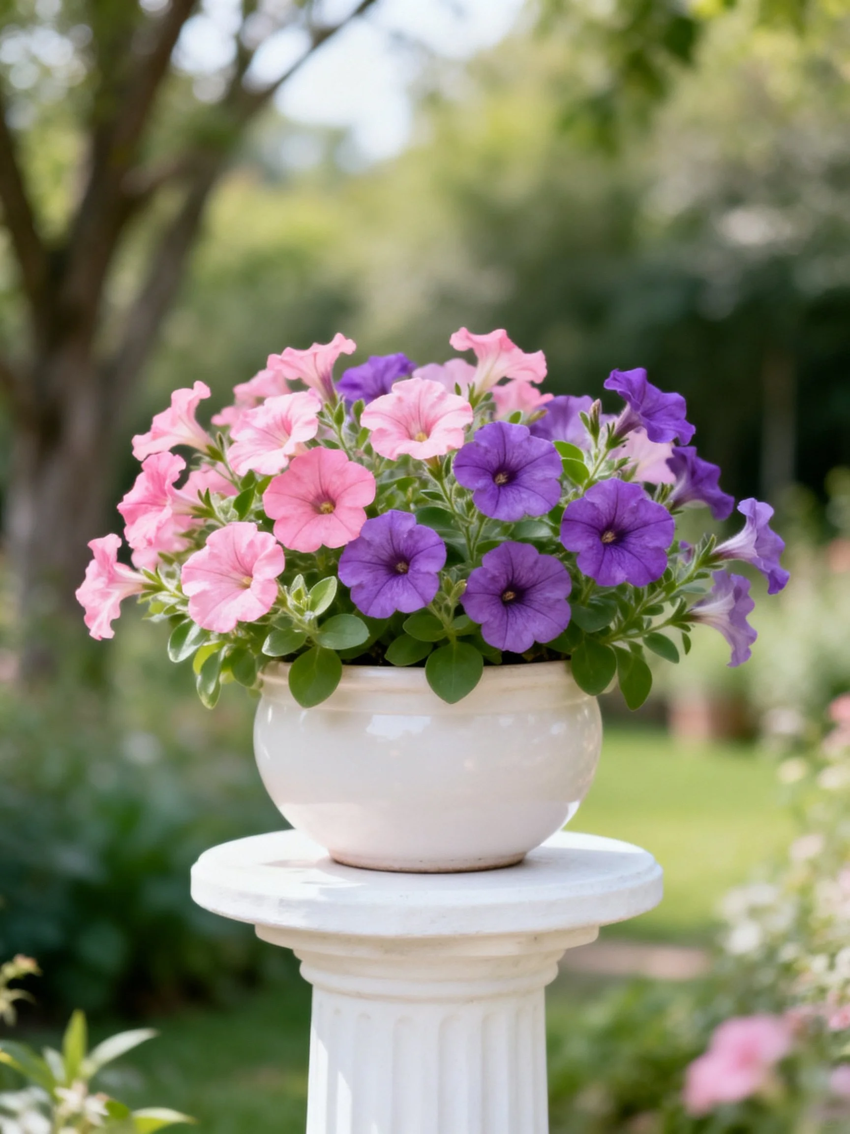 Pink and purple petunias arranged in a white ceramic pot on a white pedestal