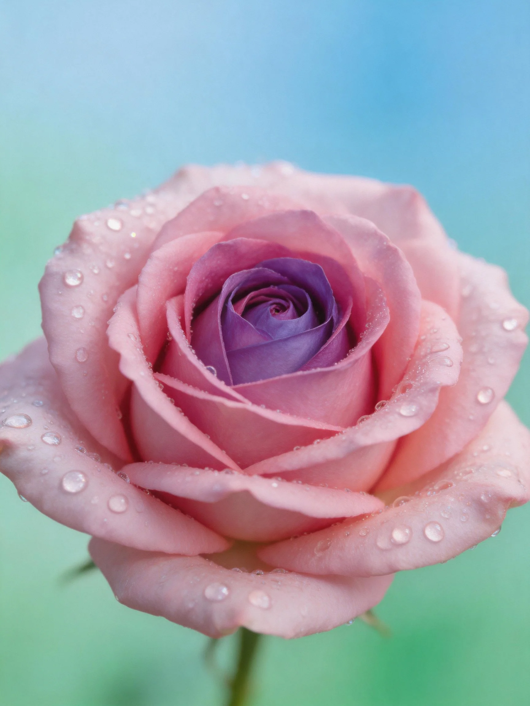 Pink and purple rose with water droplets, soft blue-green backdrop