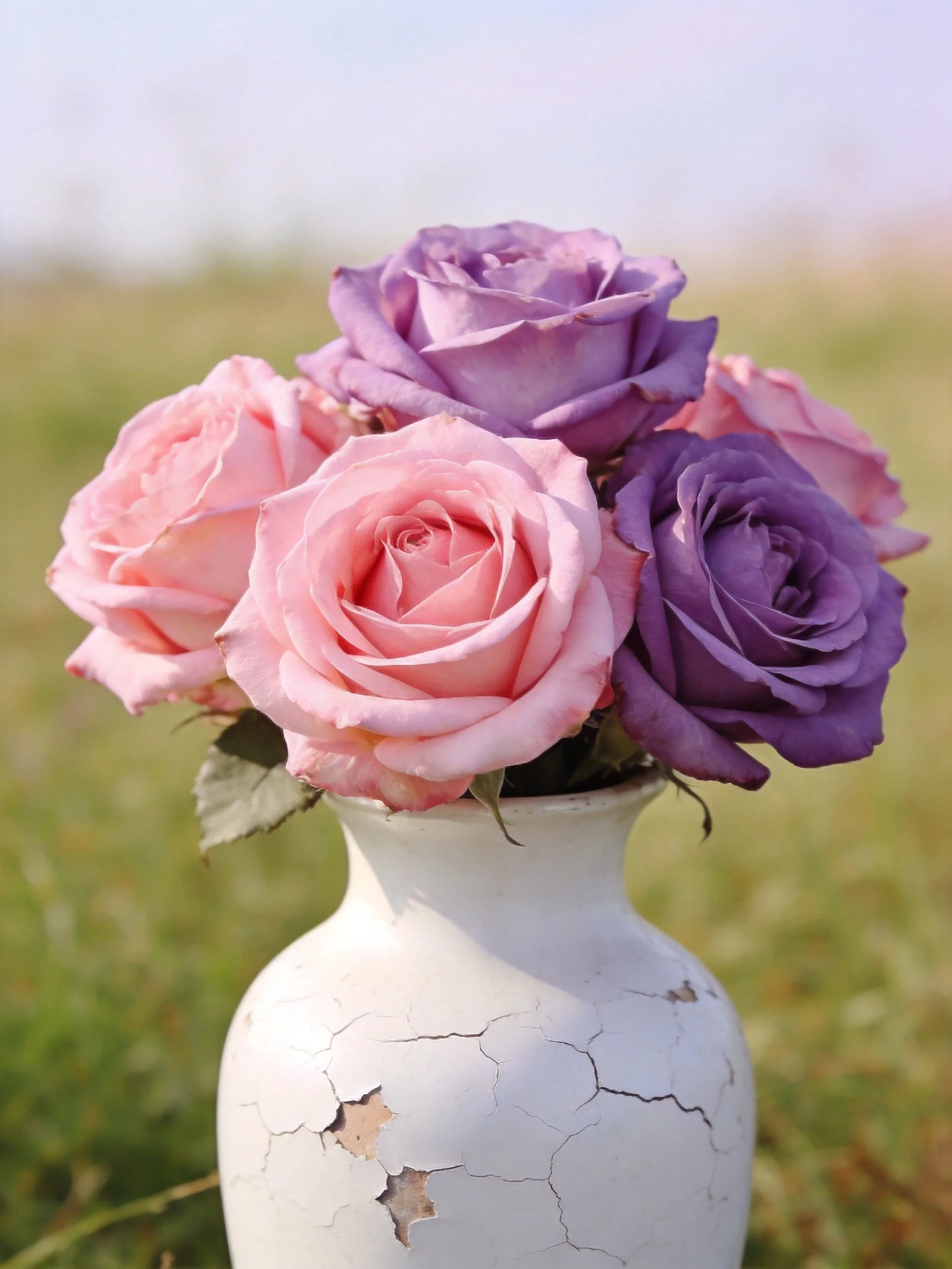 Pink and purple roses in a cracked white vase outdoors