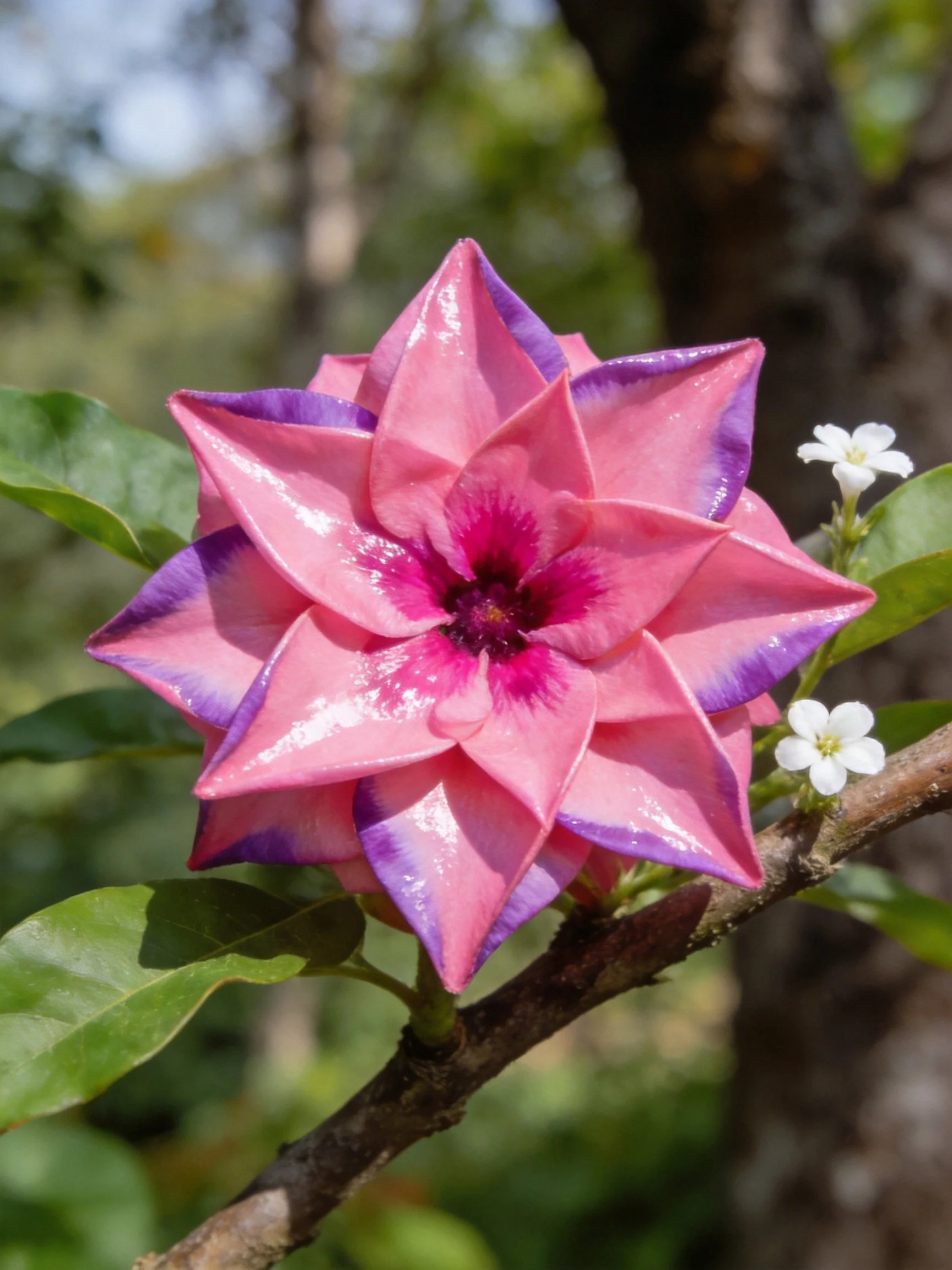 Pink and purple star - shaped flower blooming on a tree branch