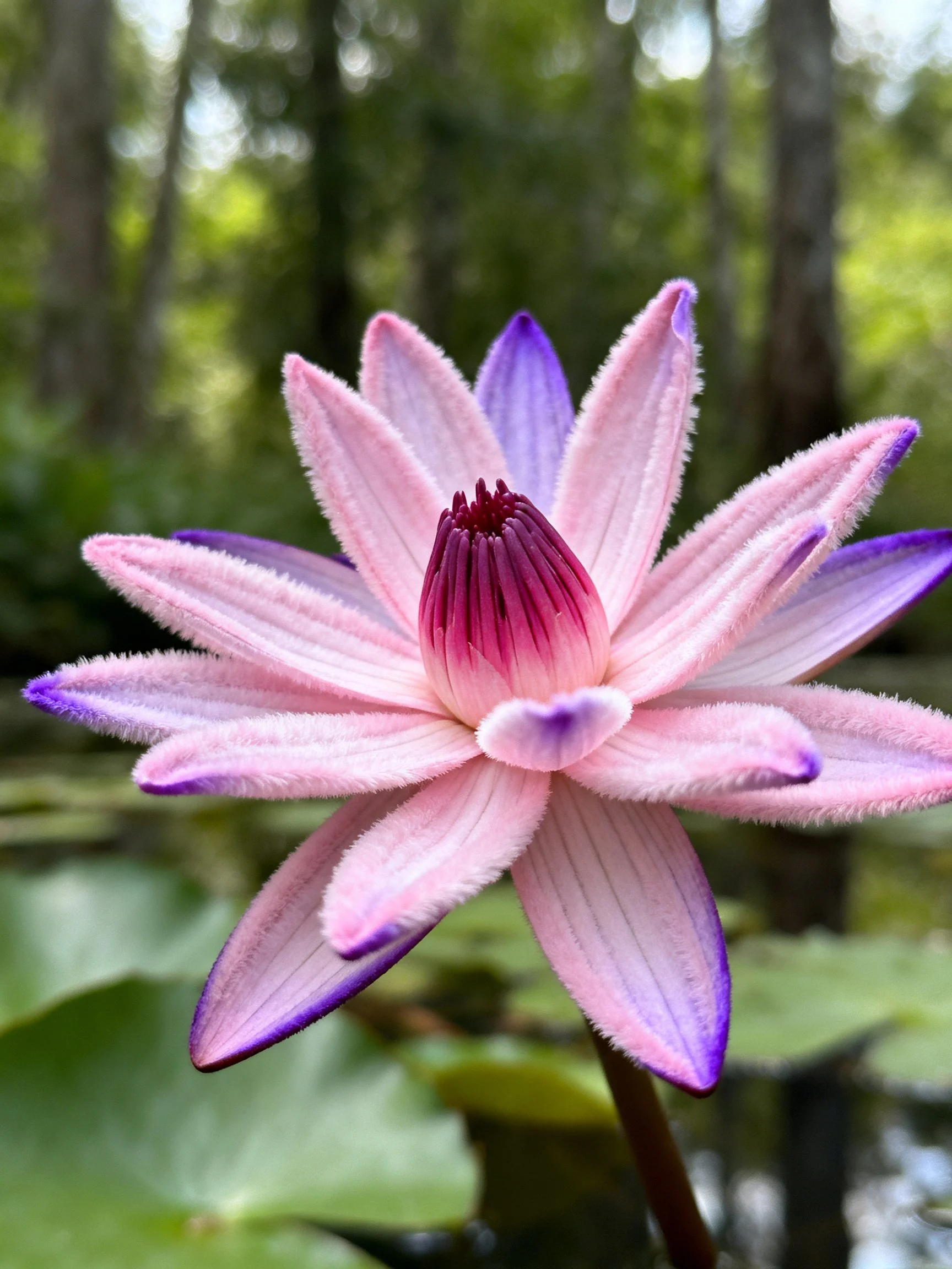 Pink and purple water lily with fuzzy petals