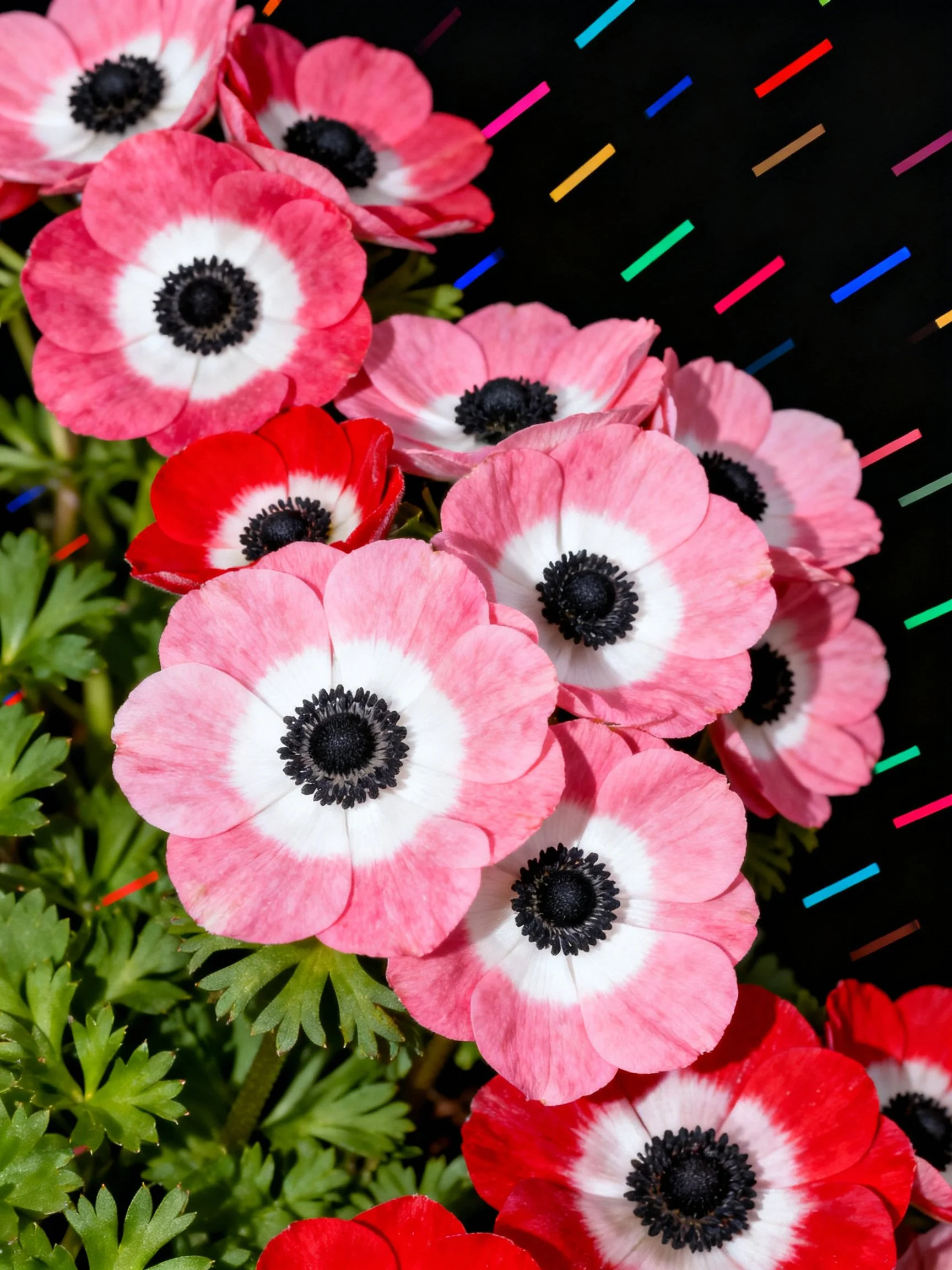 Pink and red anemone flowers with white and black centers