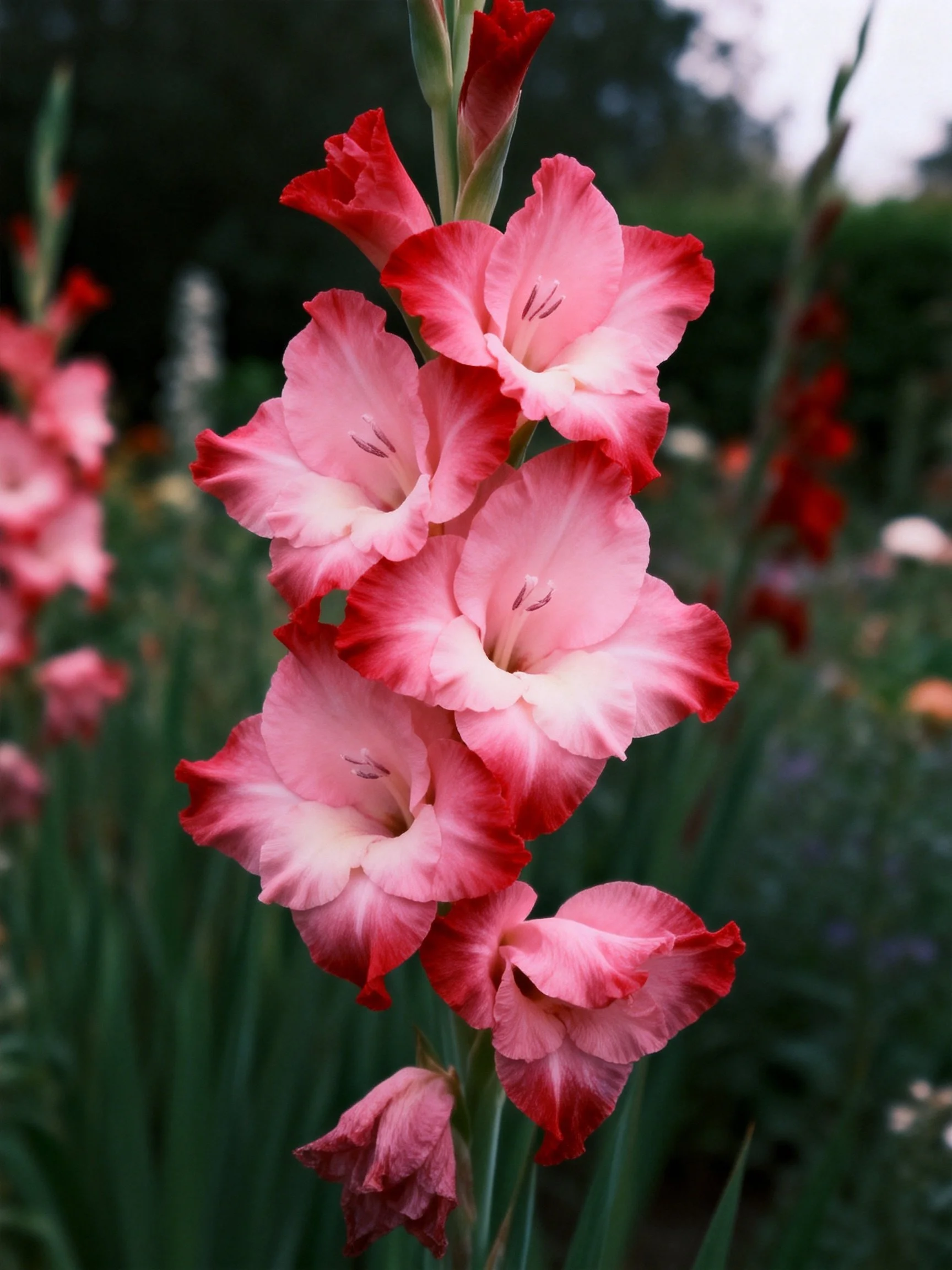 Pink and red gladiolus flowers bloom in a lush garden