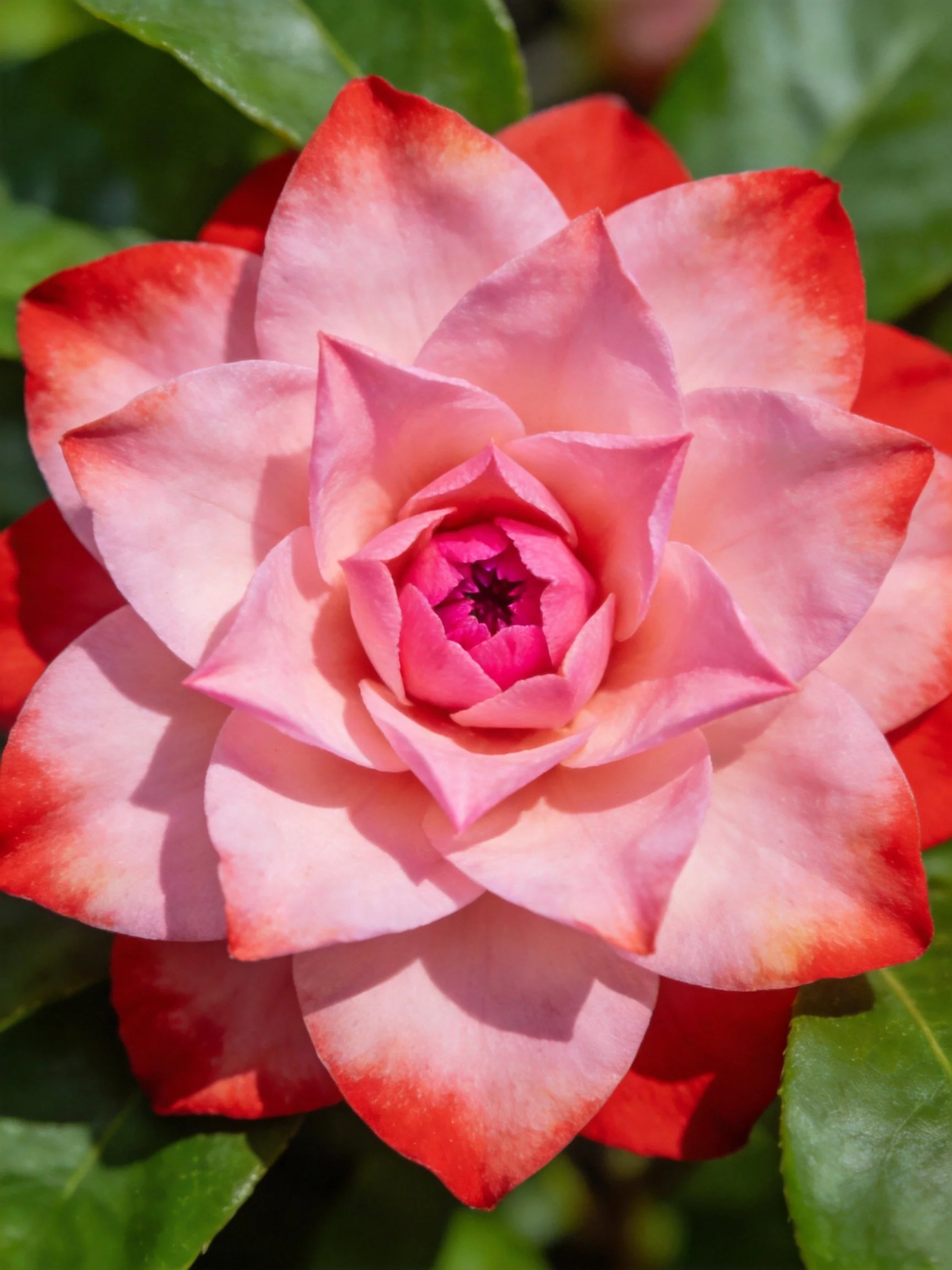 Pink and red layered rose bloom with green foliage