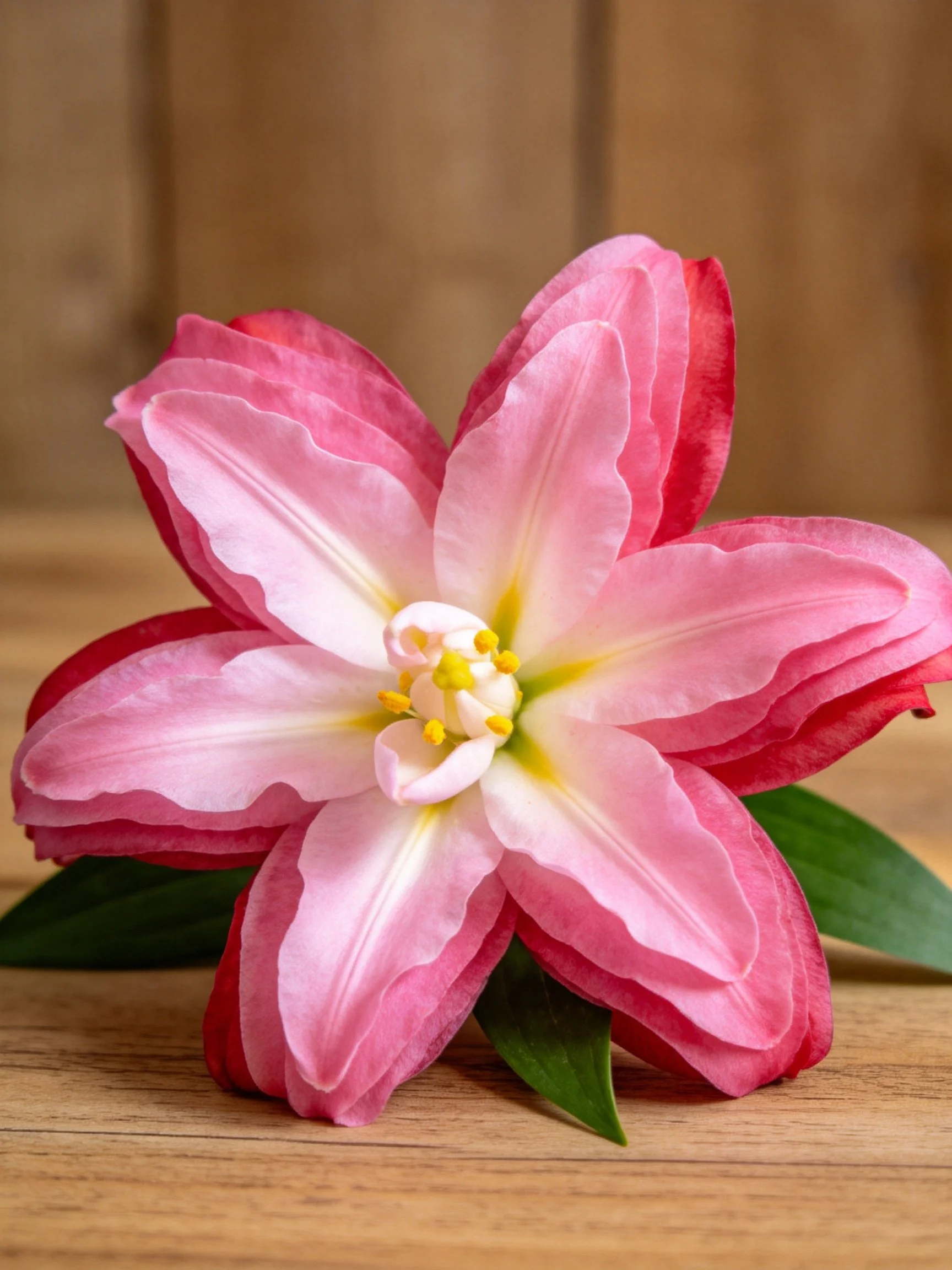 Pink and red lily flower resting on wooden surface