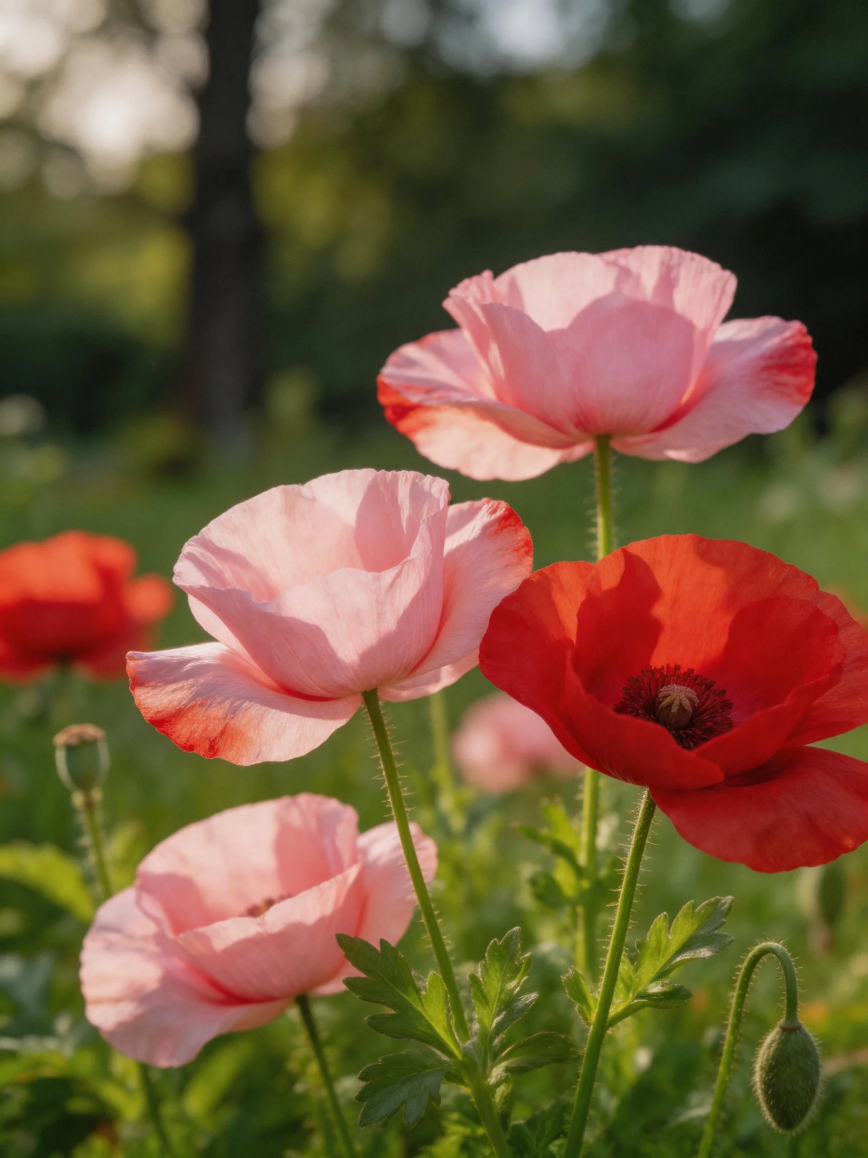 Pink and red poppies blooming in a sunlit garden
