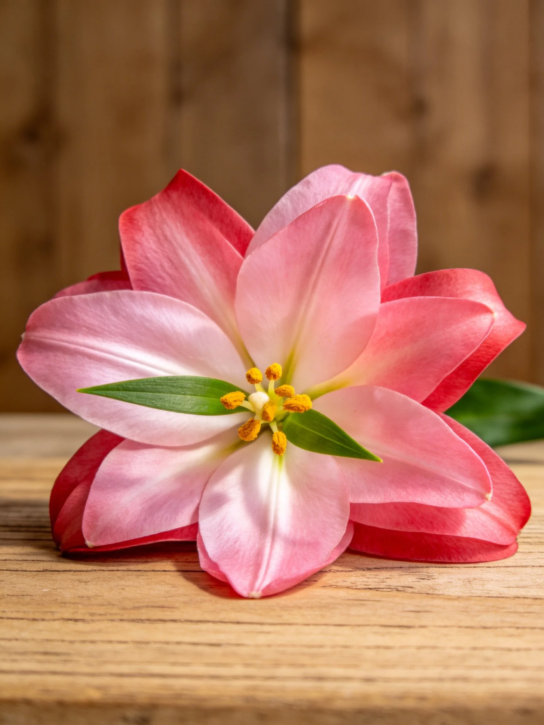 Pink and red tulip with green leaves on a wooden surface