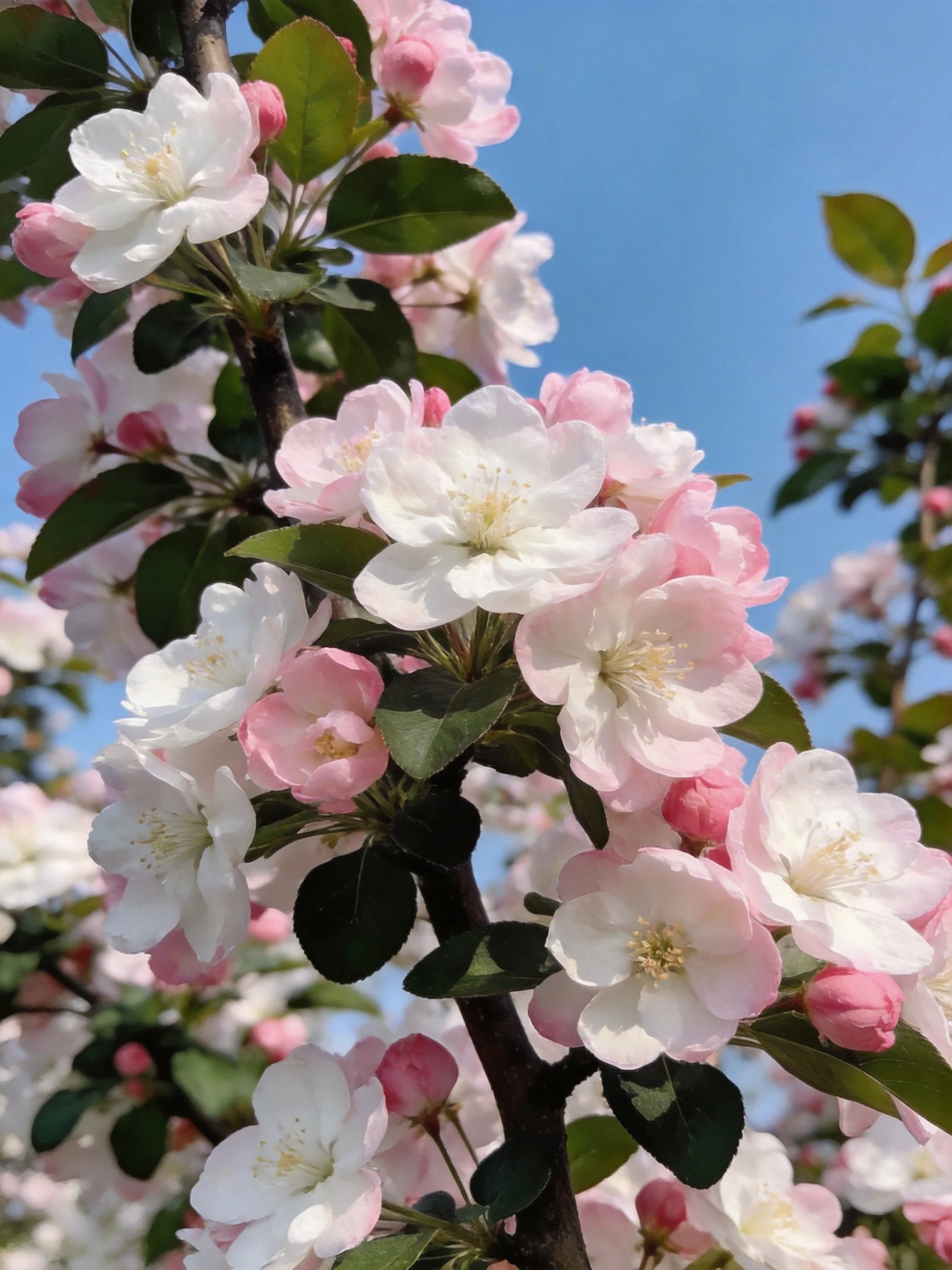 Pink and white apple blossoms bloom on dark branches with green foliage