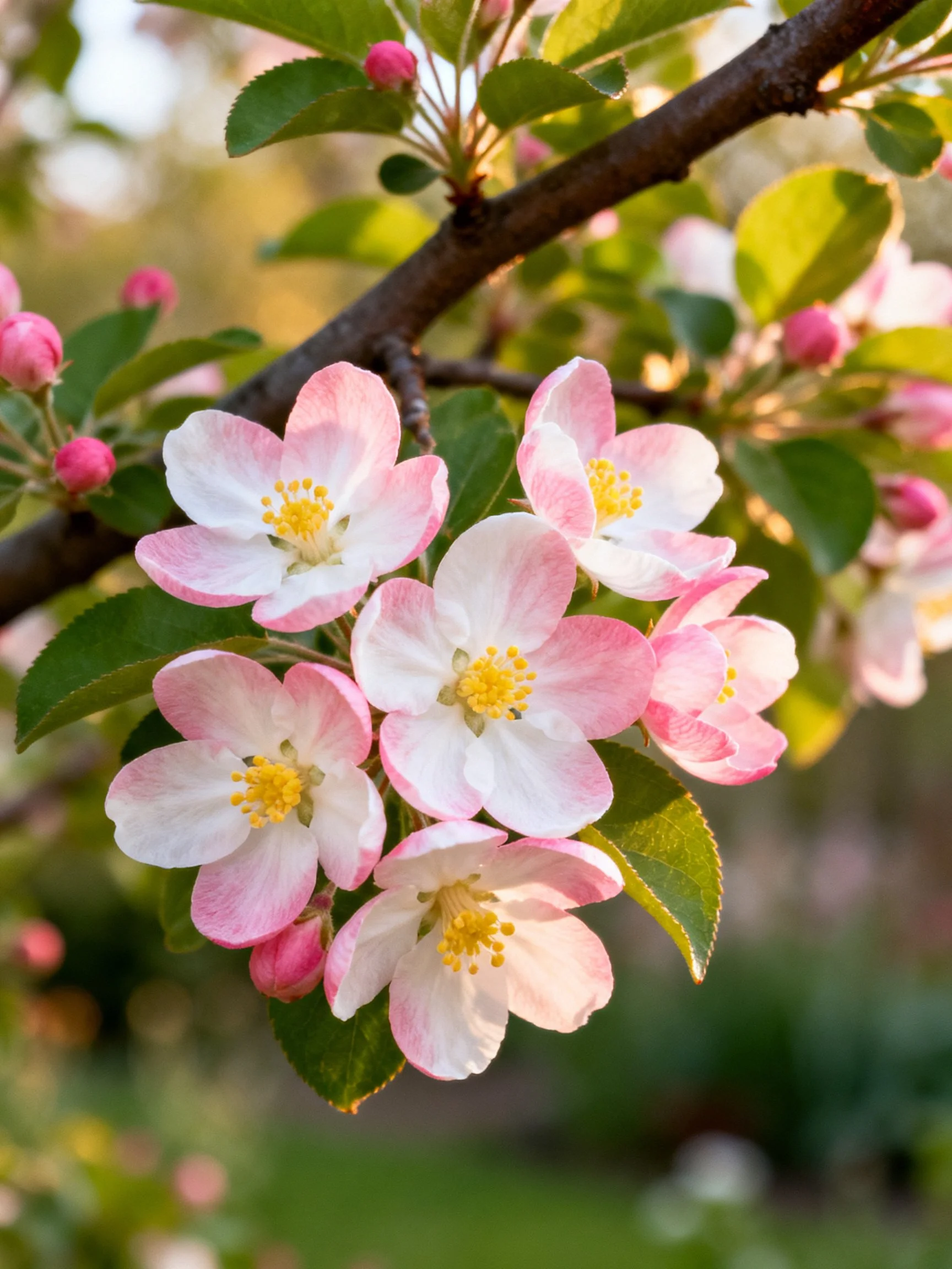 Pink and white apple blossoms cluster on a branch
