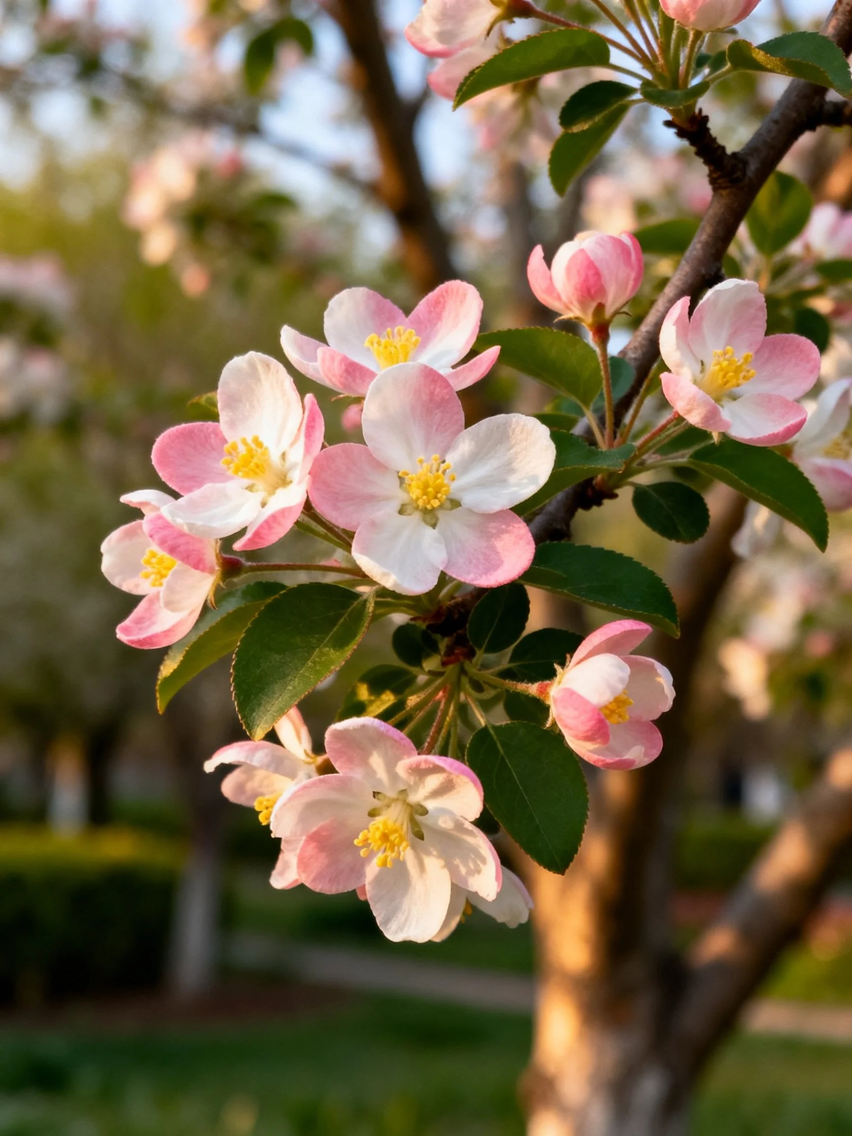 Pink and white apple blossoms cluster on a tree branch